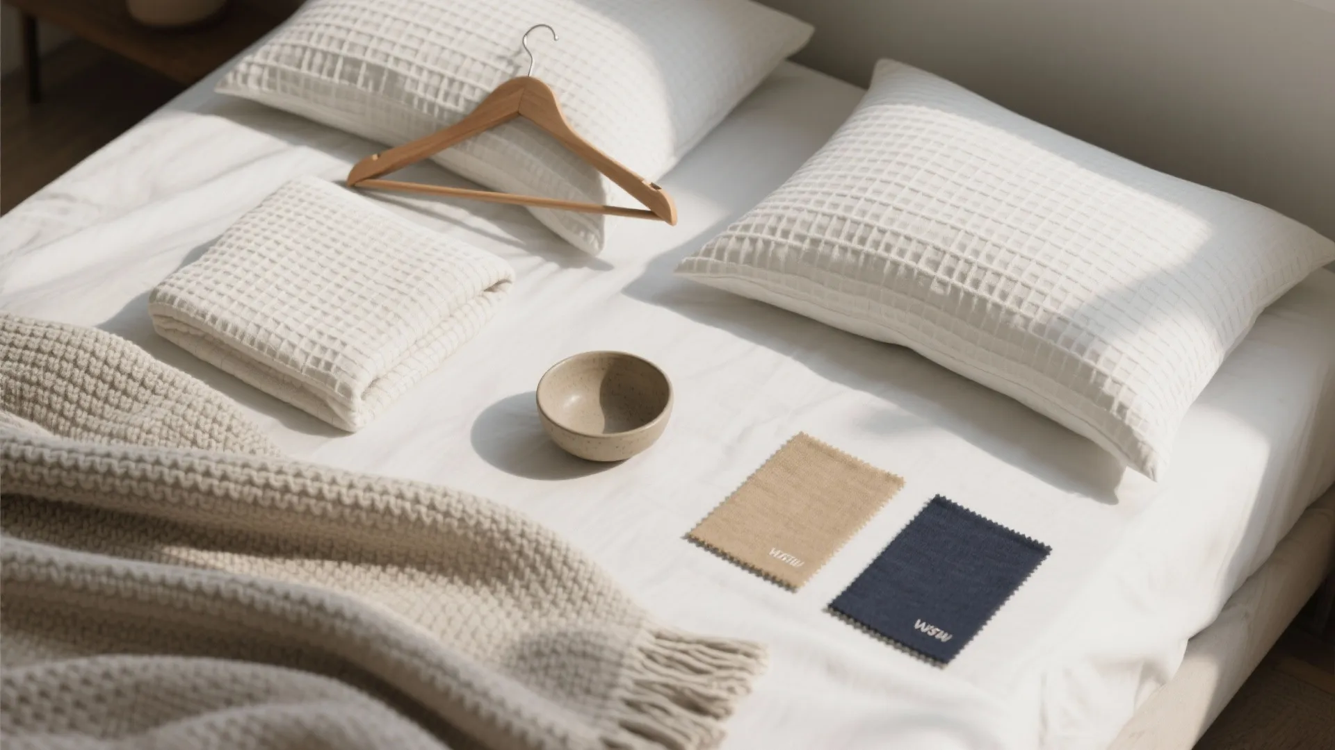 3. Textured white bedding and layered neutrals