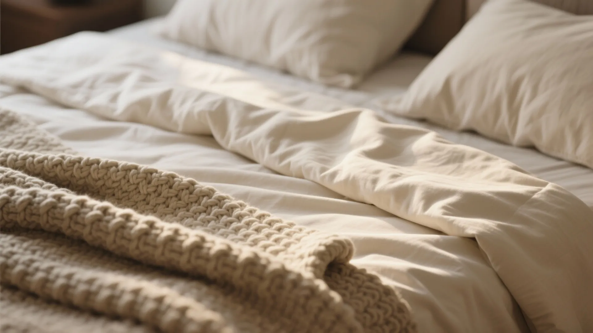 Close-up of linen sheets and chunky knit throws on a bed
