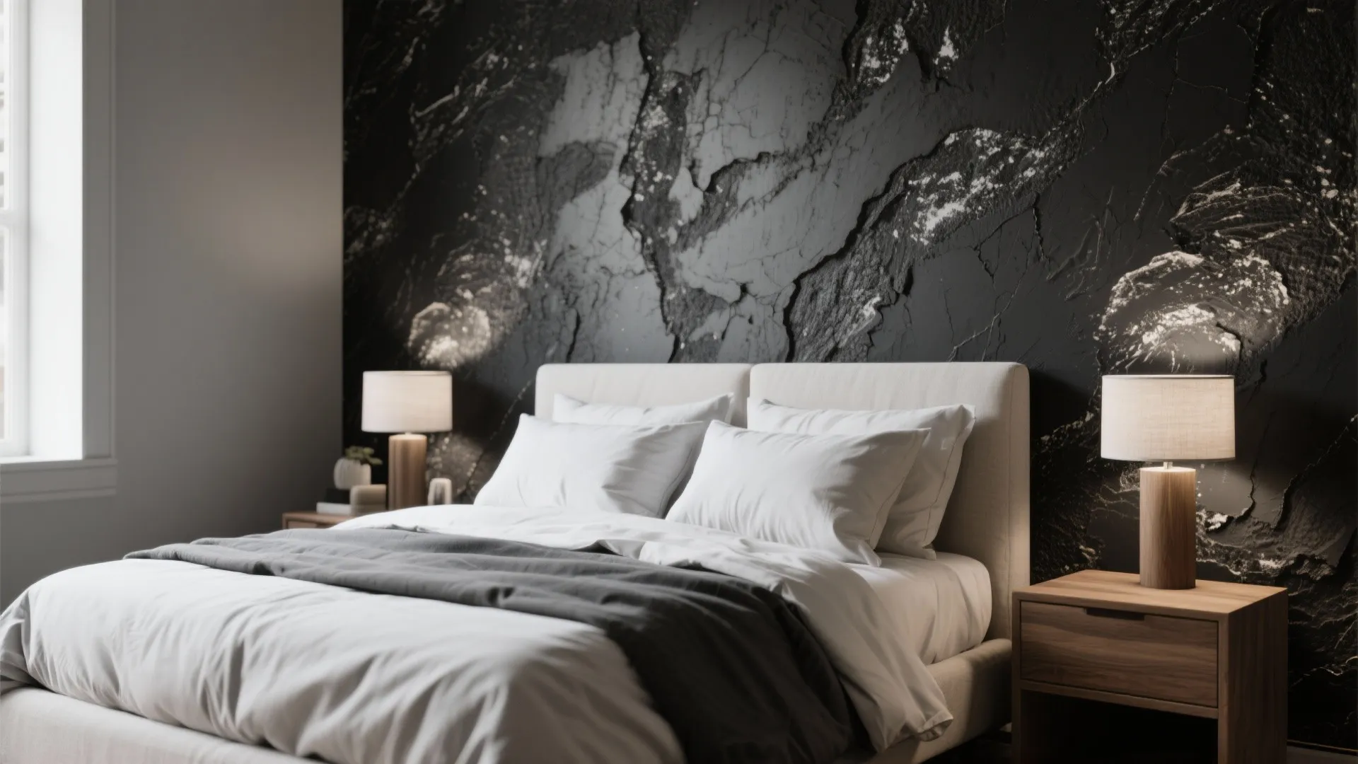 Bedroom with textured black wall wooden bedside tables lamp and white bed with grey blanket