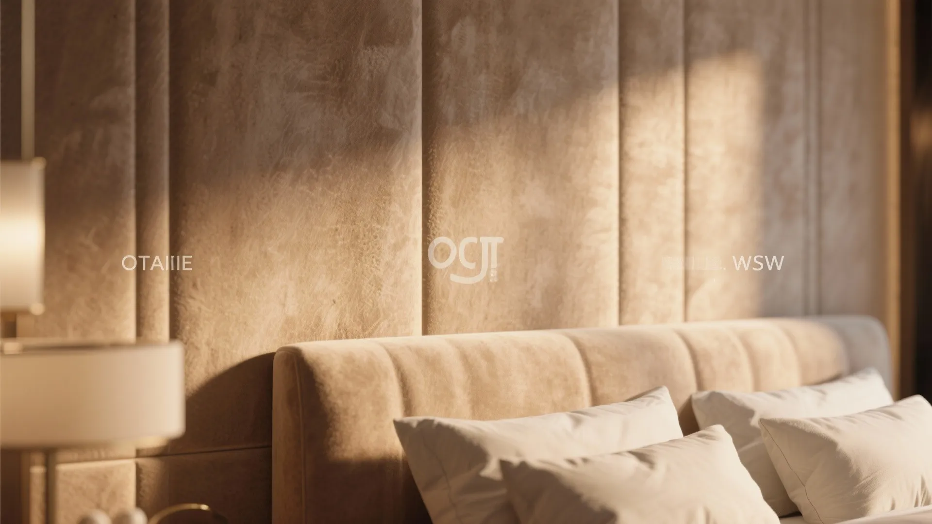 Close up of textured beige wall panel behind a bed with soft morning sunlight hitting surface