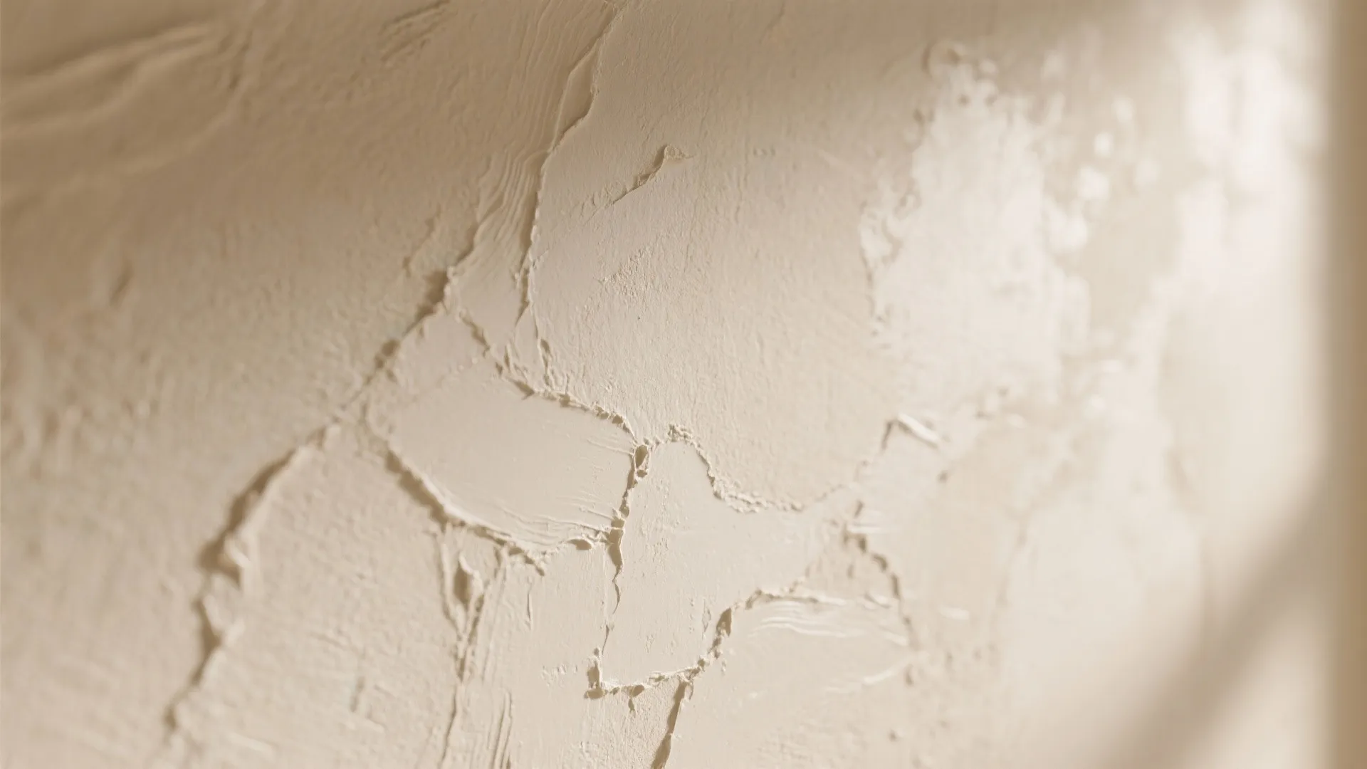Close up view of a beige textured wall with rough plaster finish and soft natural light