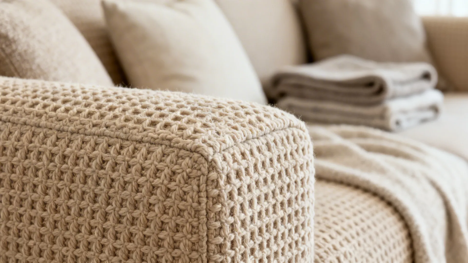 Close-up of textured beige fabric upholstery (bouclé) showing weave and depth