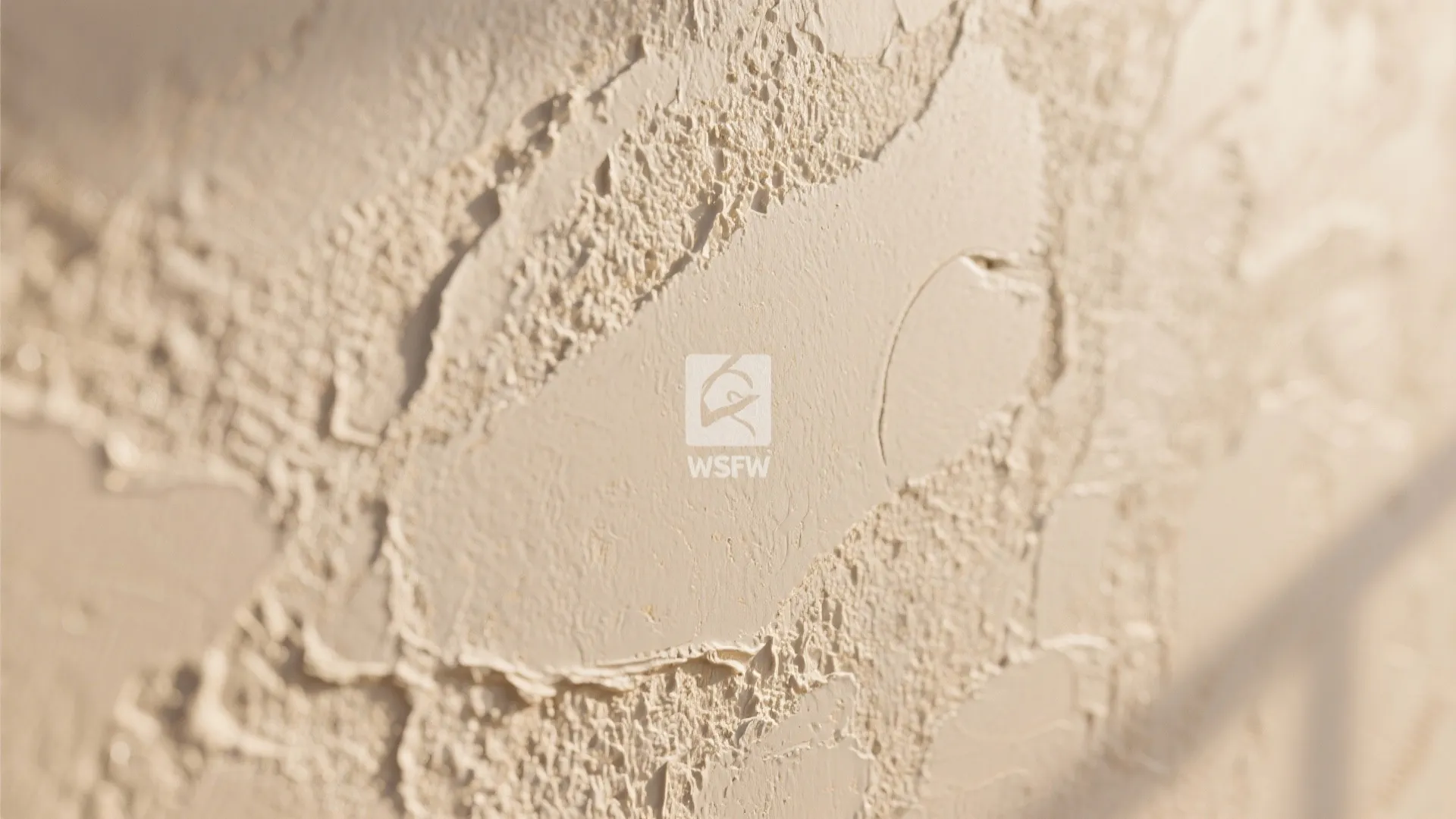 Close up view of a beige textured wall surface showing rough plaster details and shadows