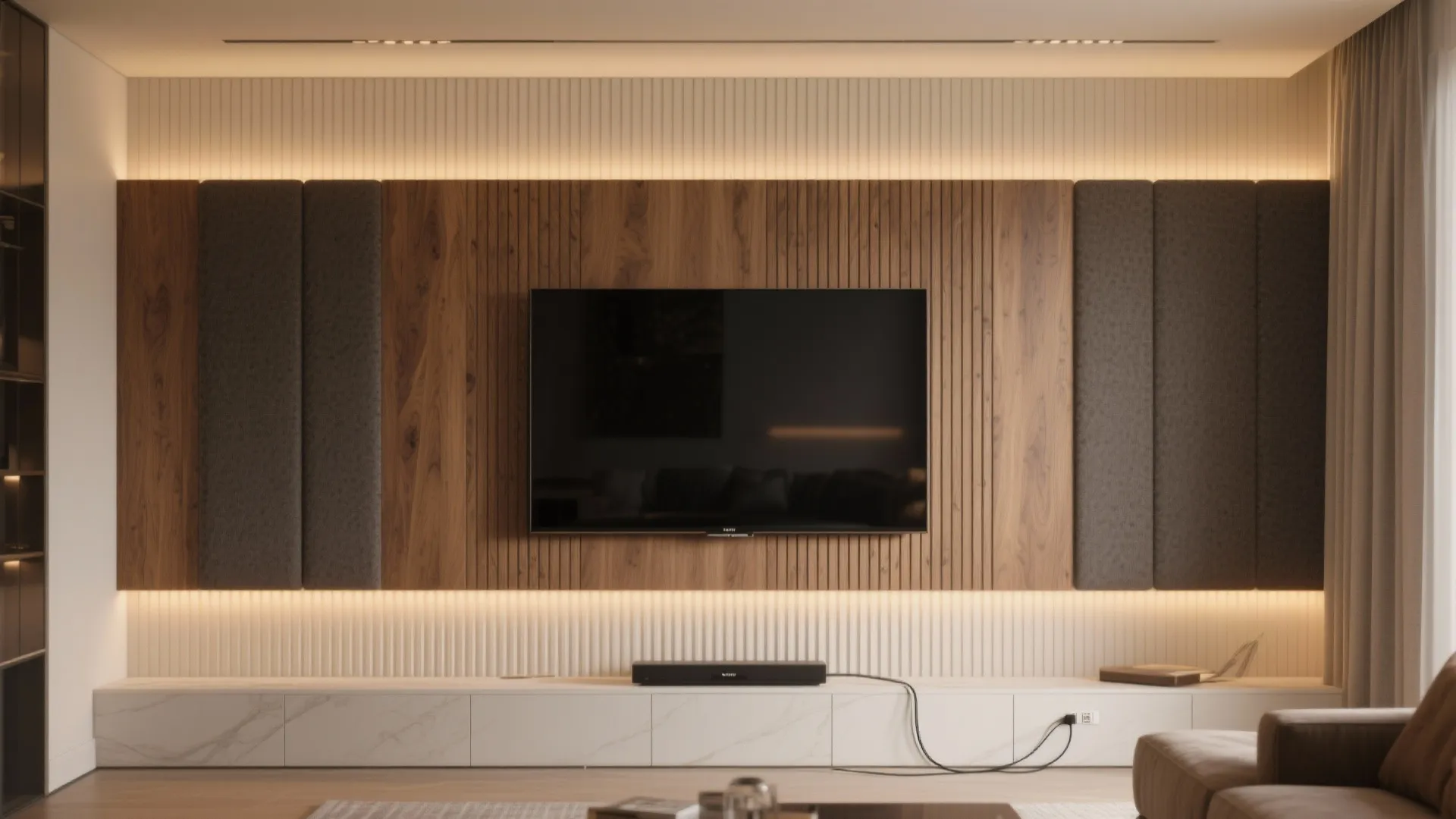 Textured panels and bias lighting behind the TV