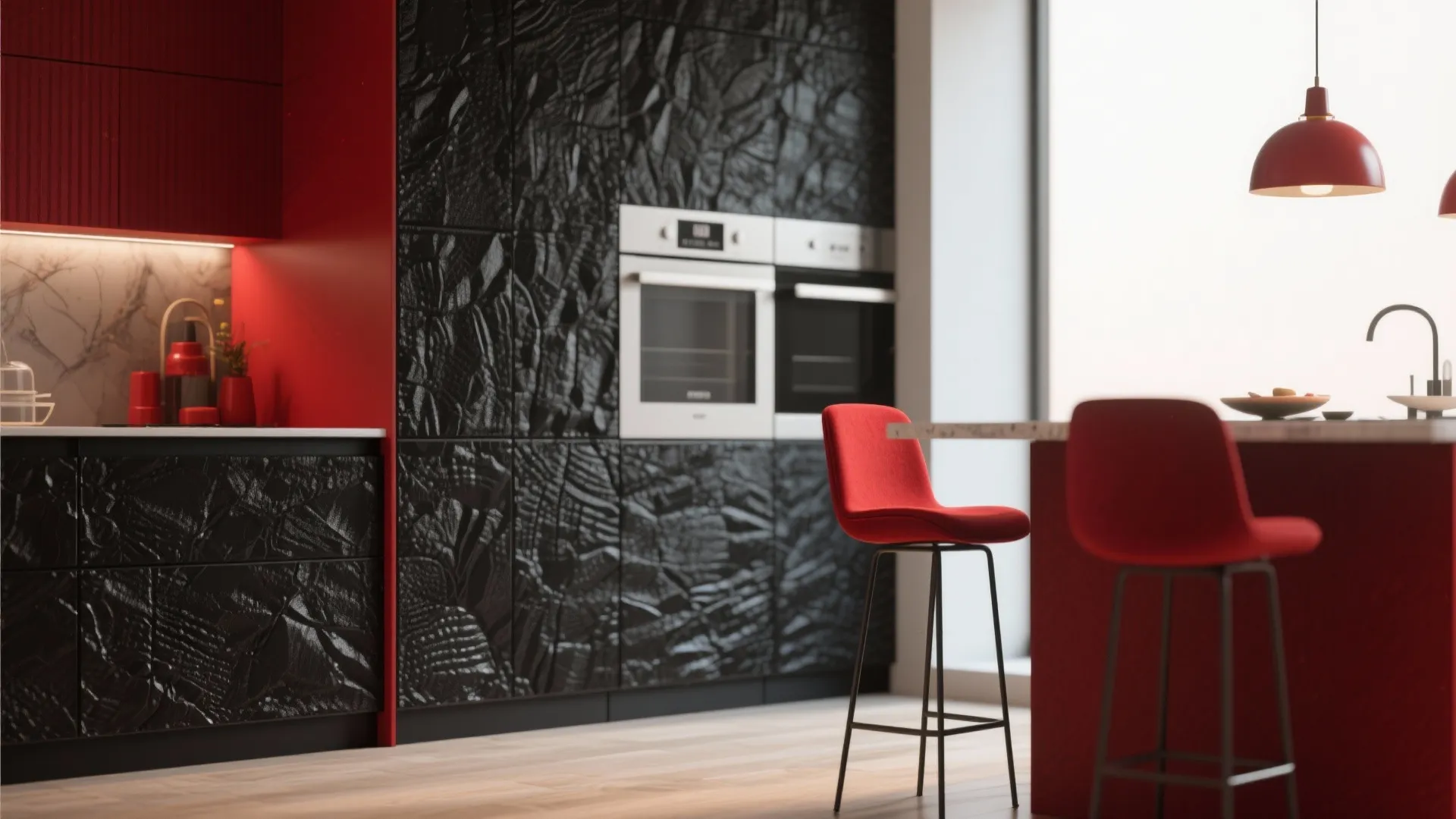 5. Textured Black Walls with Cherry Red Accents