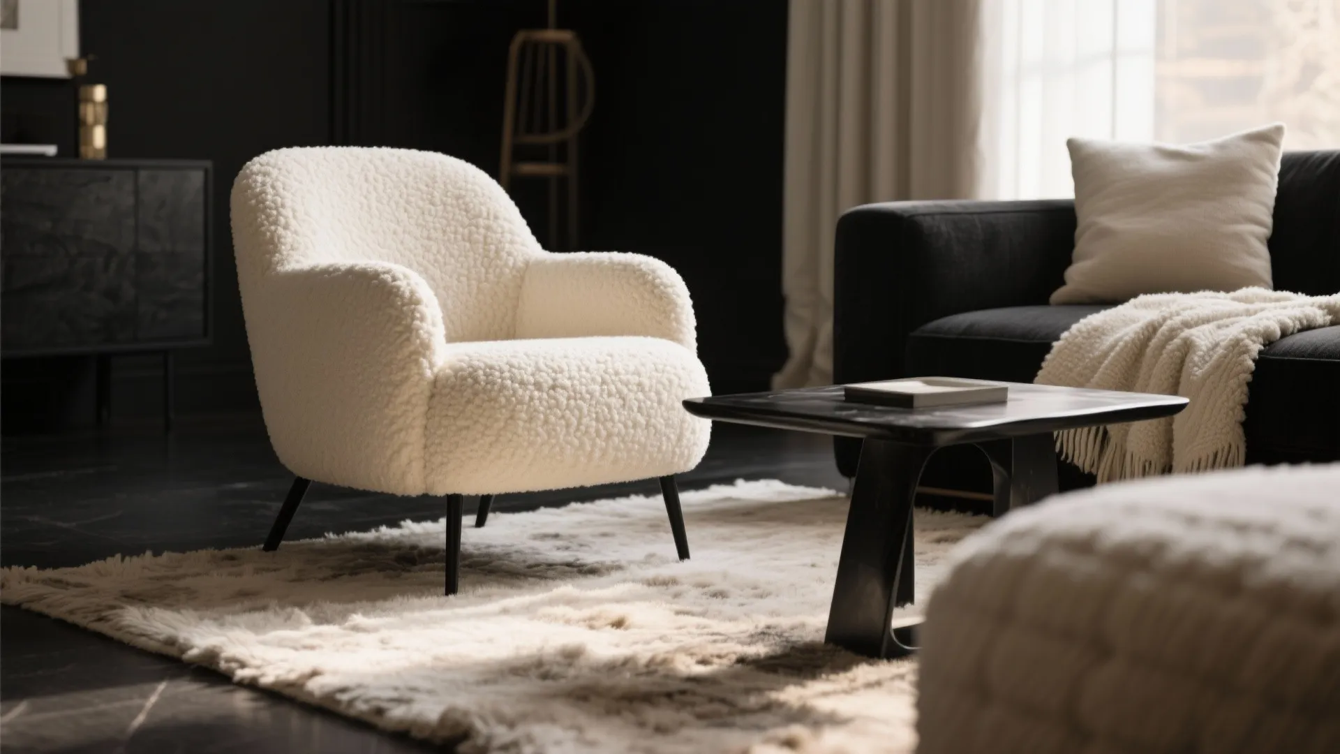 Close-up of textured furniture in black and cream palette