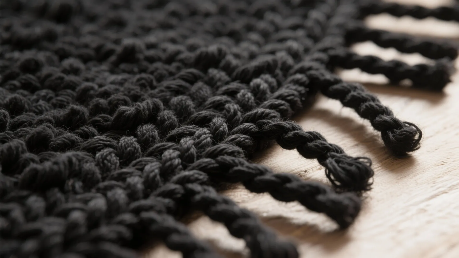 Close-up of looped wool or braided jute textured black rug showing weave and depth