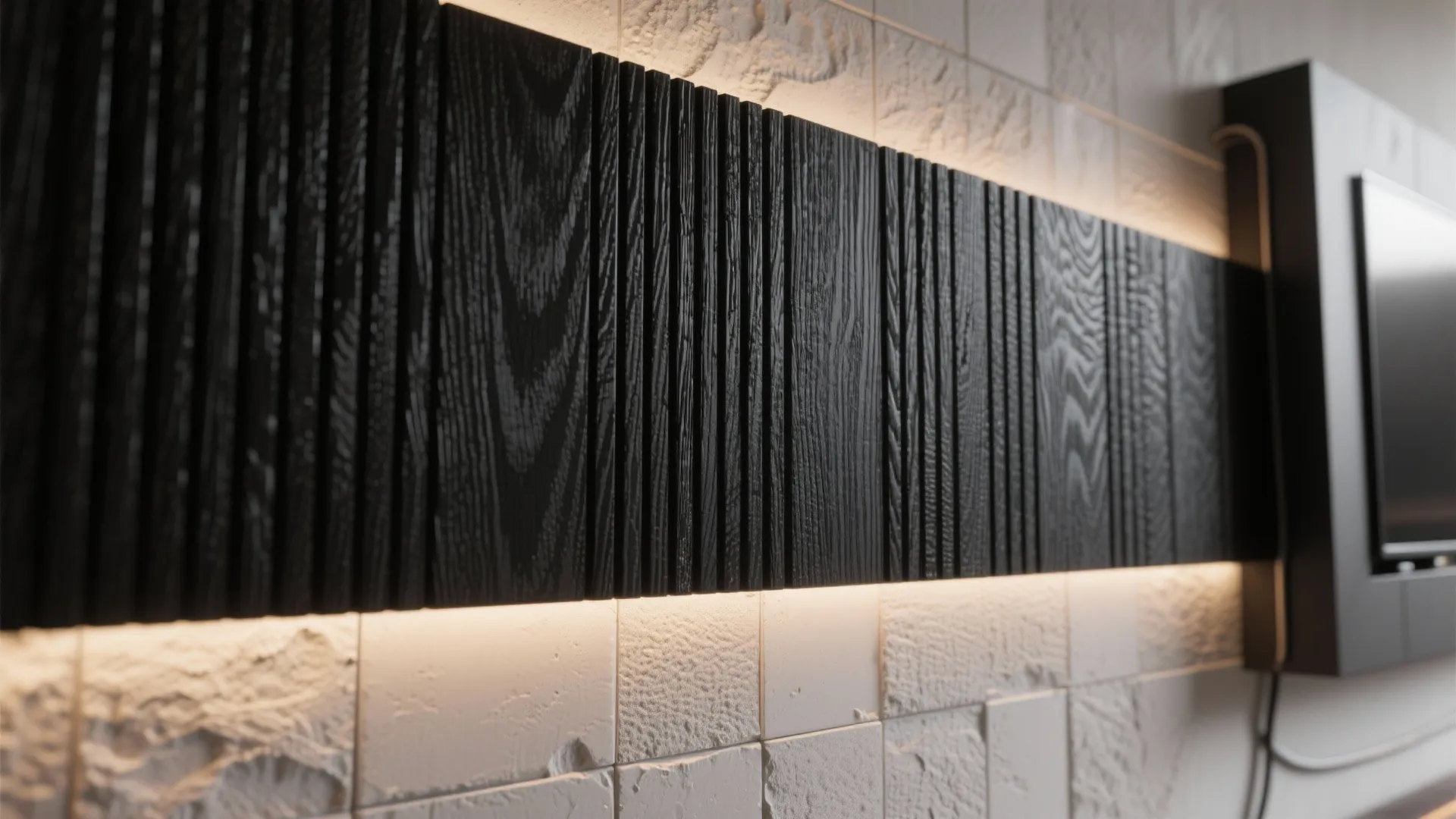 Modern interior design with black textured wall panels featuring warm backlight over white stone tiles