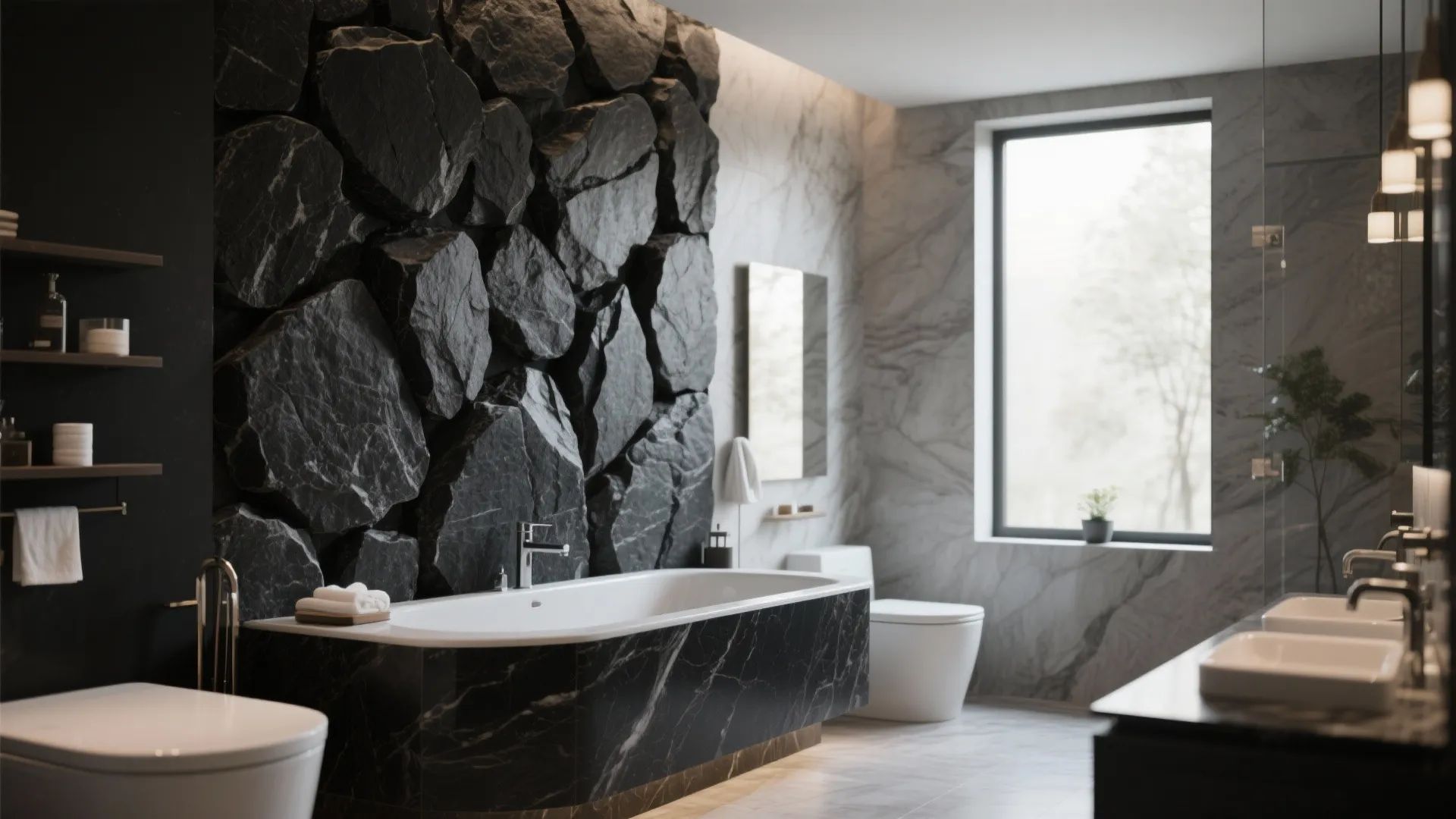 Modern bathroom with black stone feature wall white bathtub white toilet marble floor and natural light