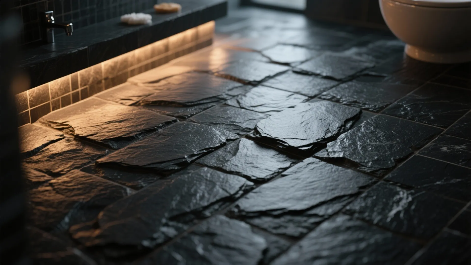 Textured black stone floor tiles in a modern bathroom with warm light strip under ledge