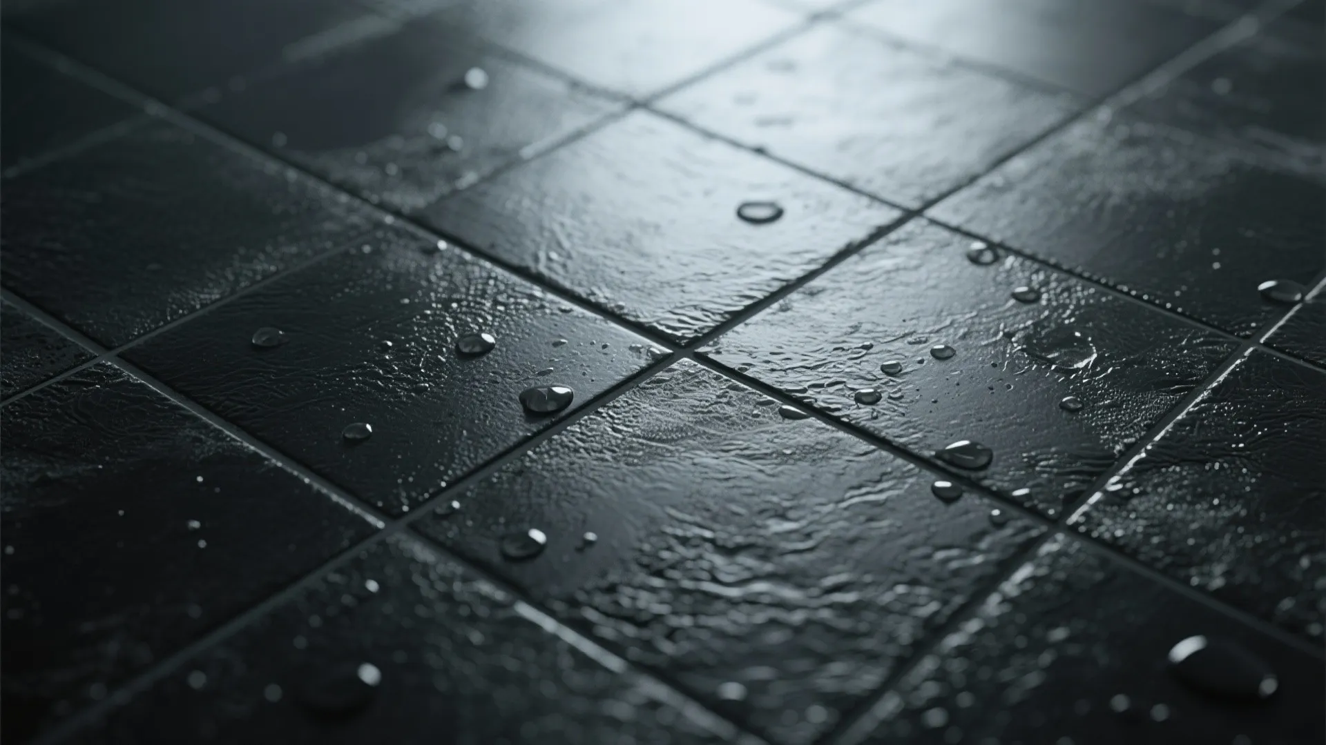 Macro view of textured matte black porcelain tile surface showing grip and grout lines.