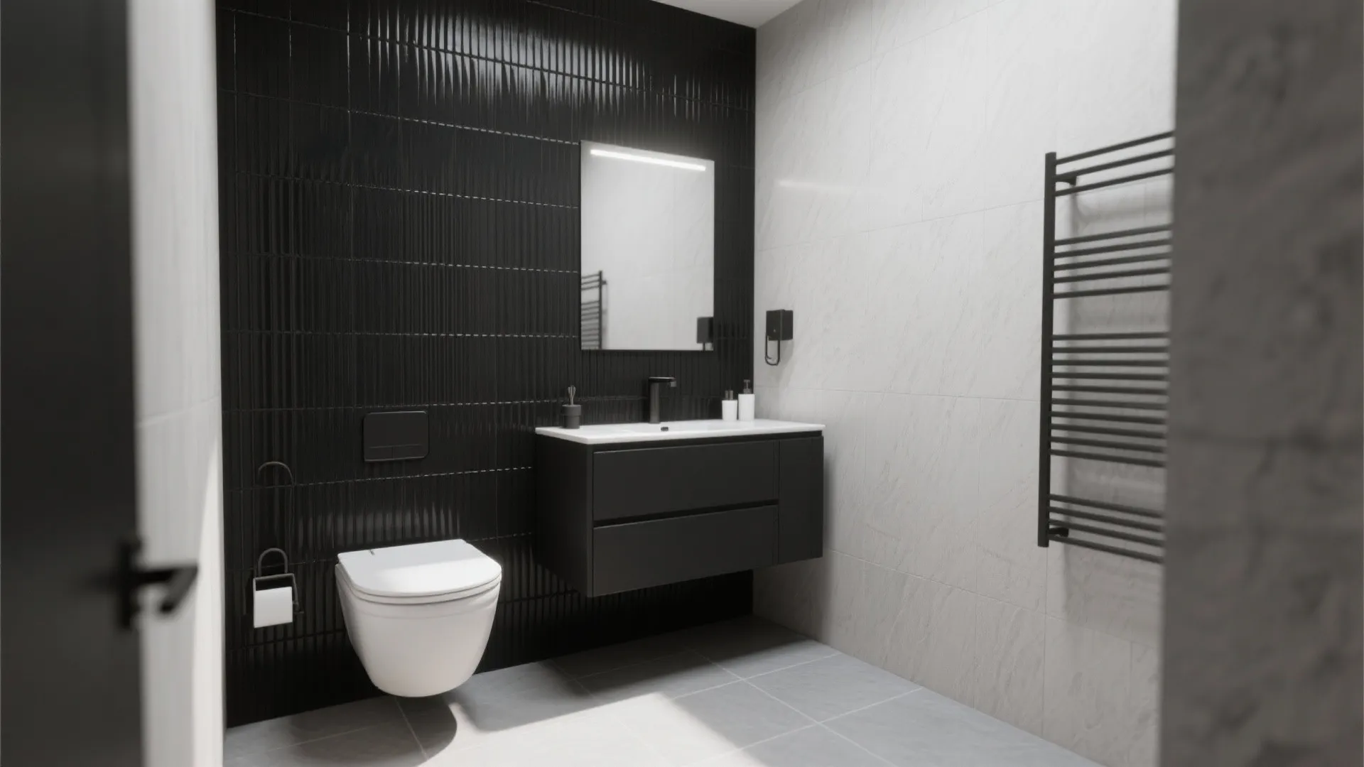 Minimalist bathroom featuring black textured wall white toilet floating cabinet mirror and wall towel rack