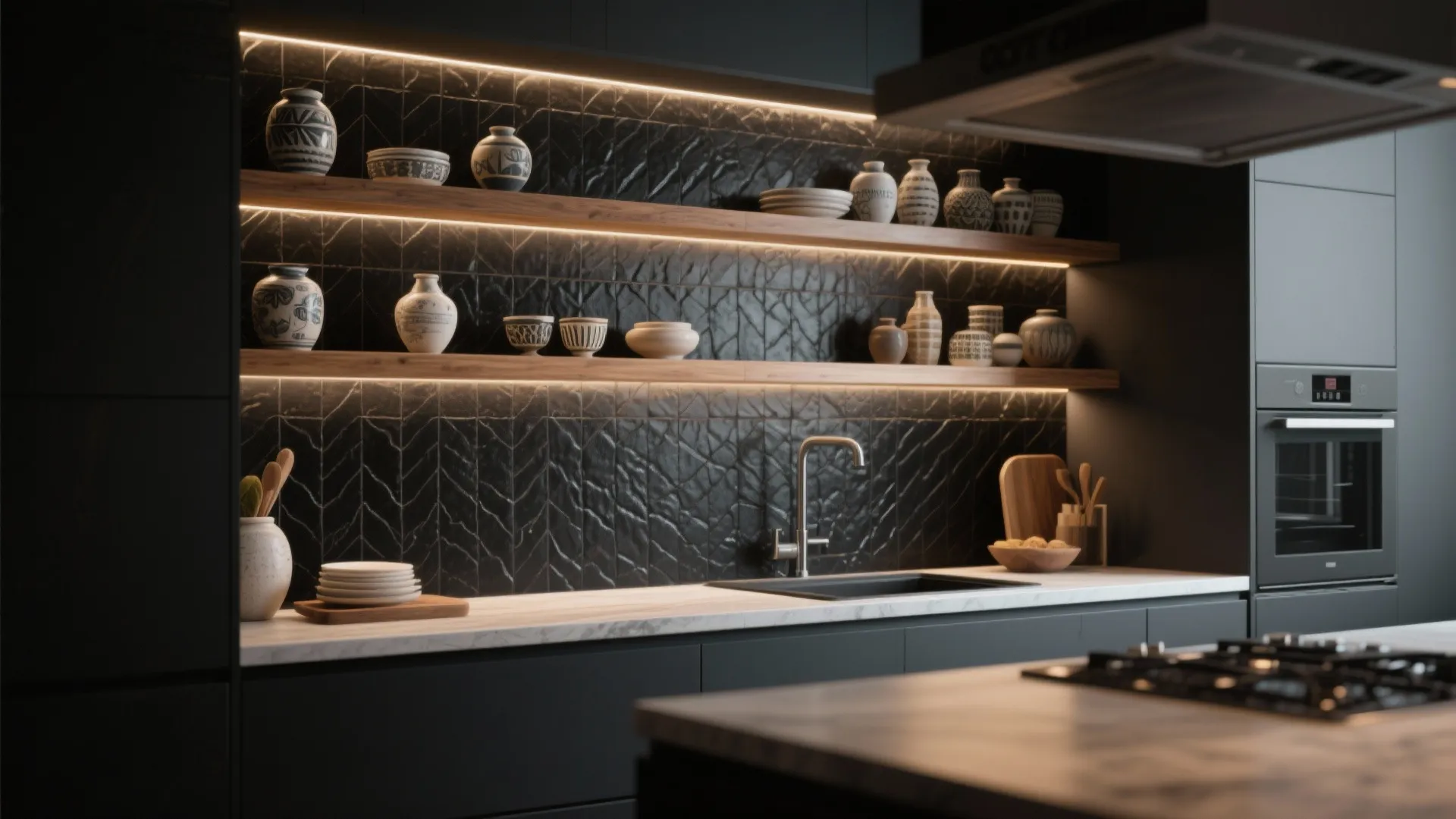 2. Textured Black Tiles for Depth