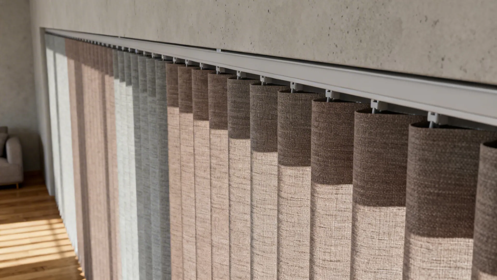 Macro of muted neutral blackout curtain with subtle ribbed texture on a sleek modern track.