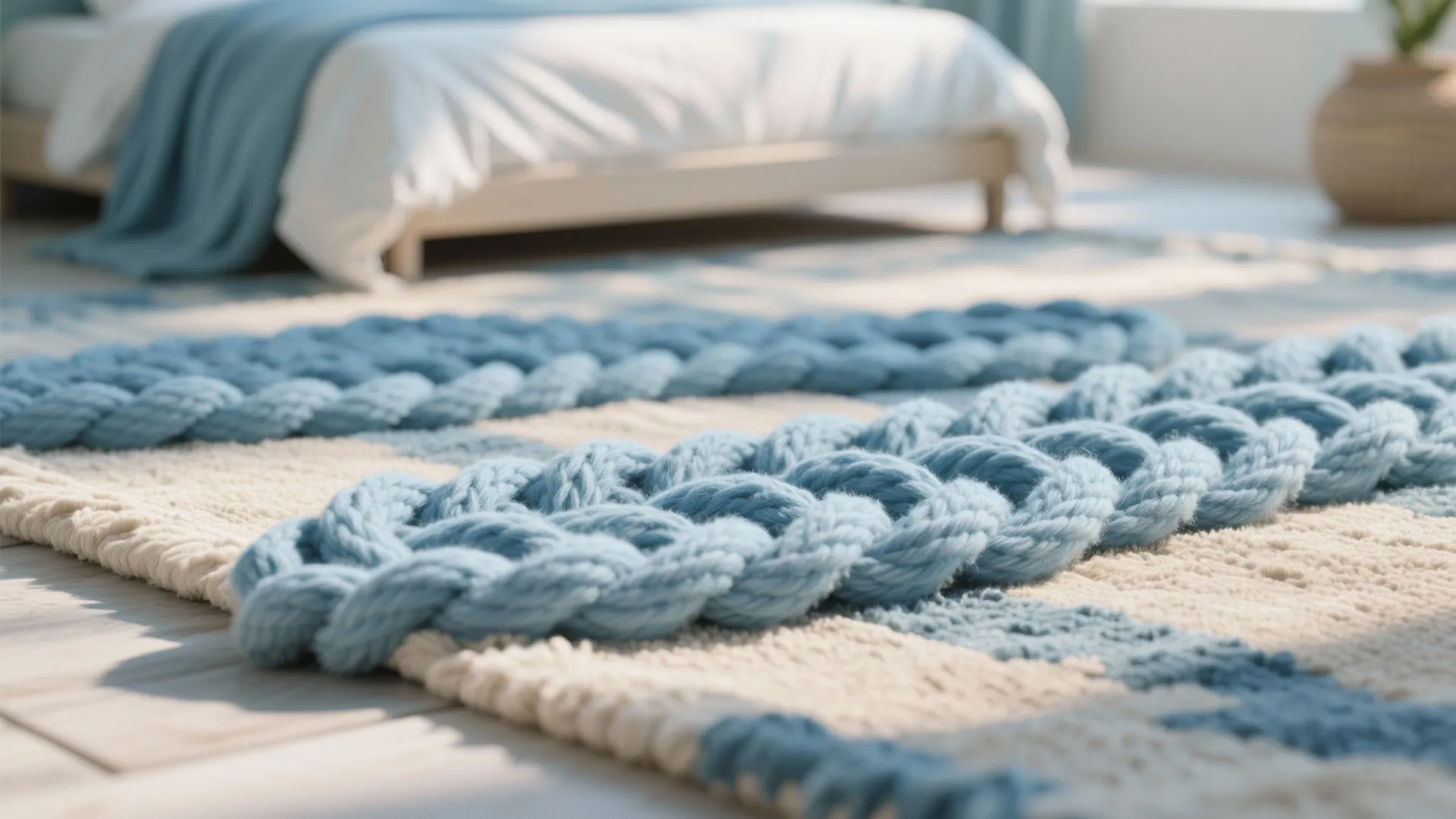 Textured blue and white braided area rug on floor in a bright sunlit bedroom setting