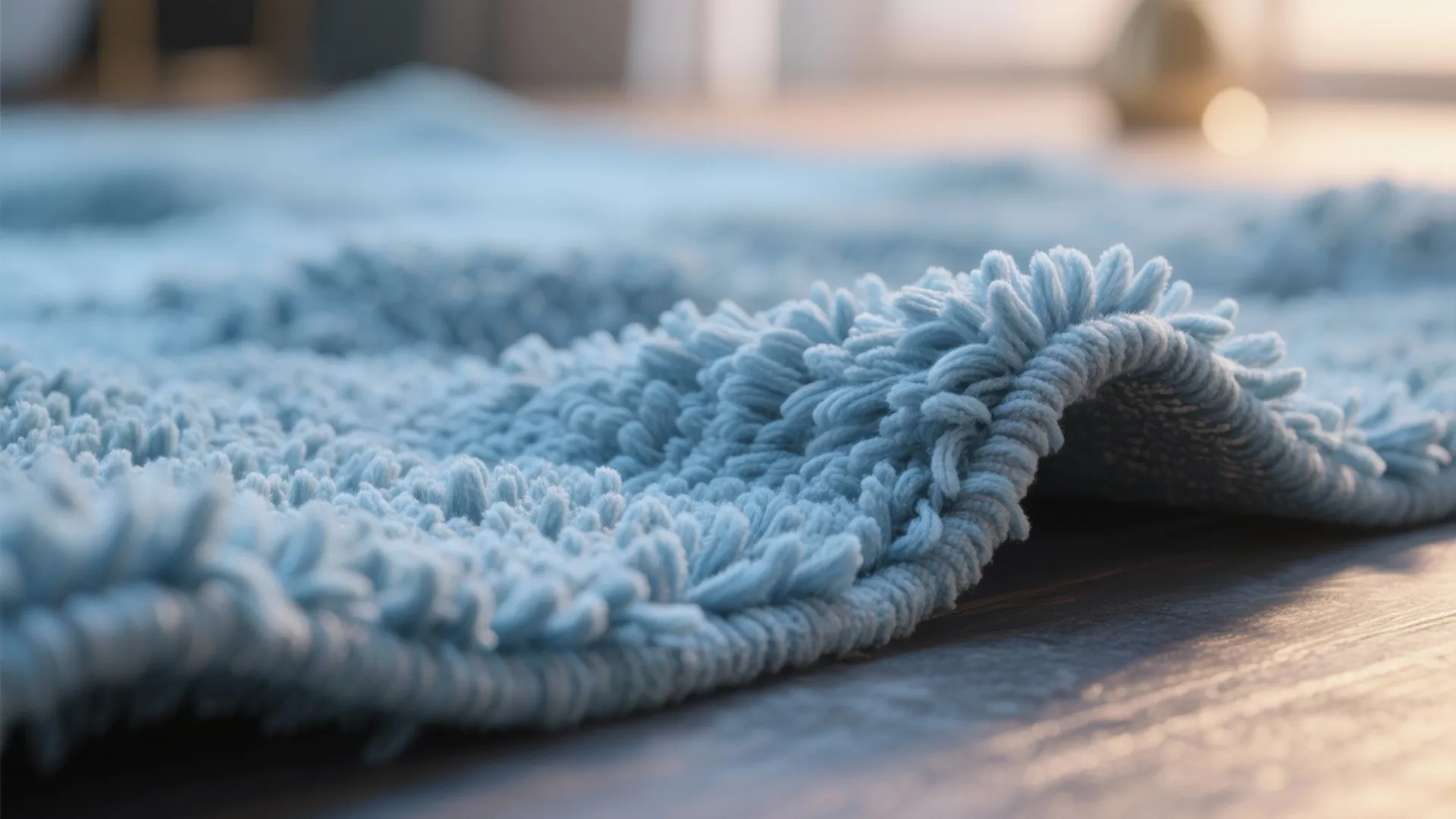 Close up shot showing soft texture of a light blue shag rug on wood floor