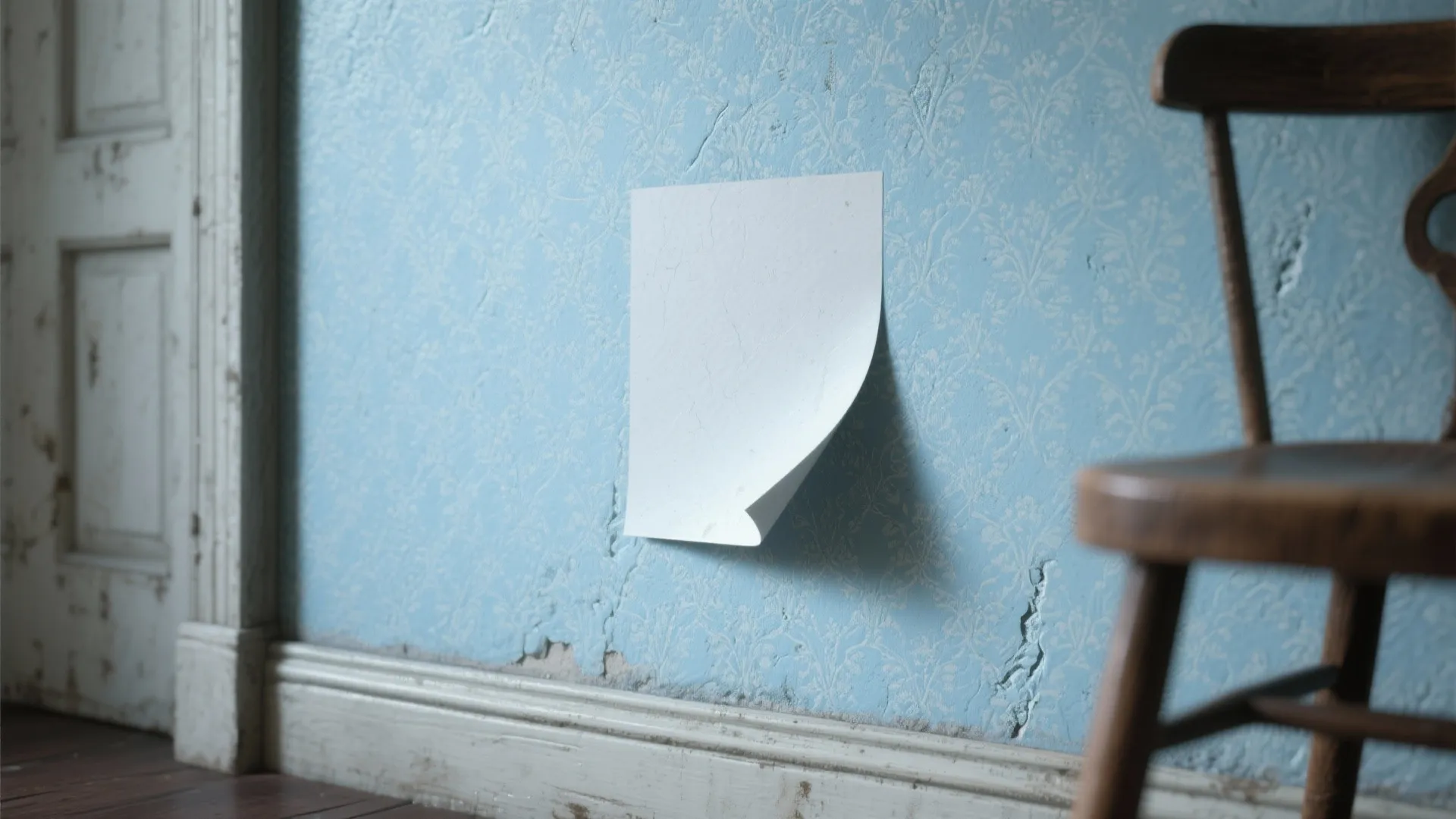 Textured soft-blue wallpaper swatch on imperfect plaster next to a wooden chair leg.