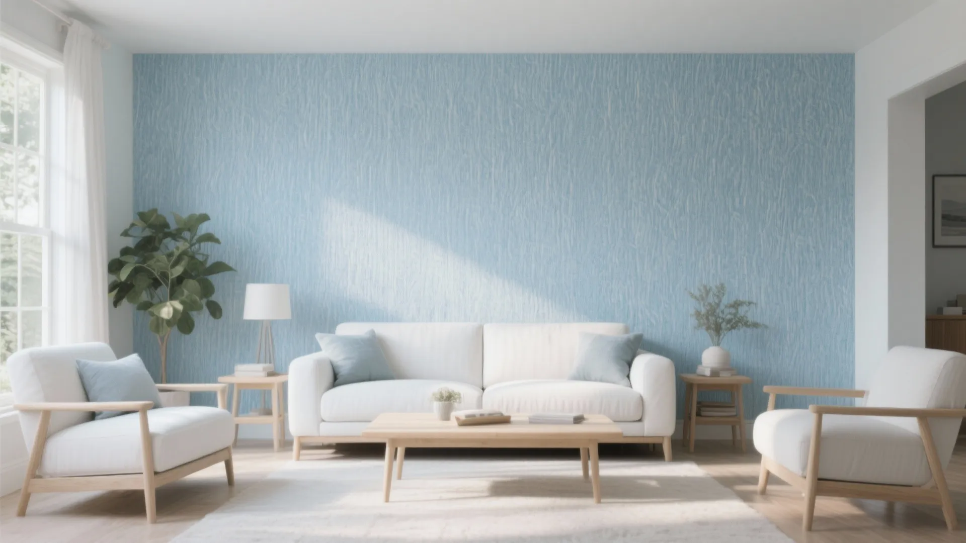 Modern living room featuring light blue textured wallpaper white sofa wooden coffee table and plant
