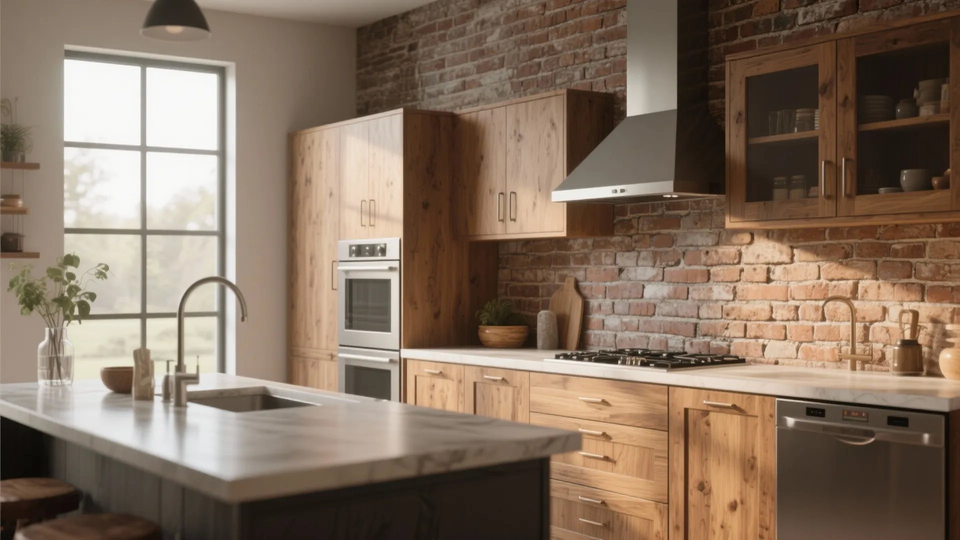 Rustic kitchen design with red brick wall and wooden cabinets including marble island and window