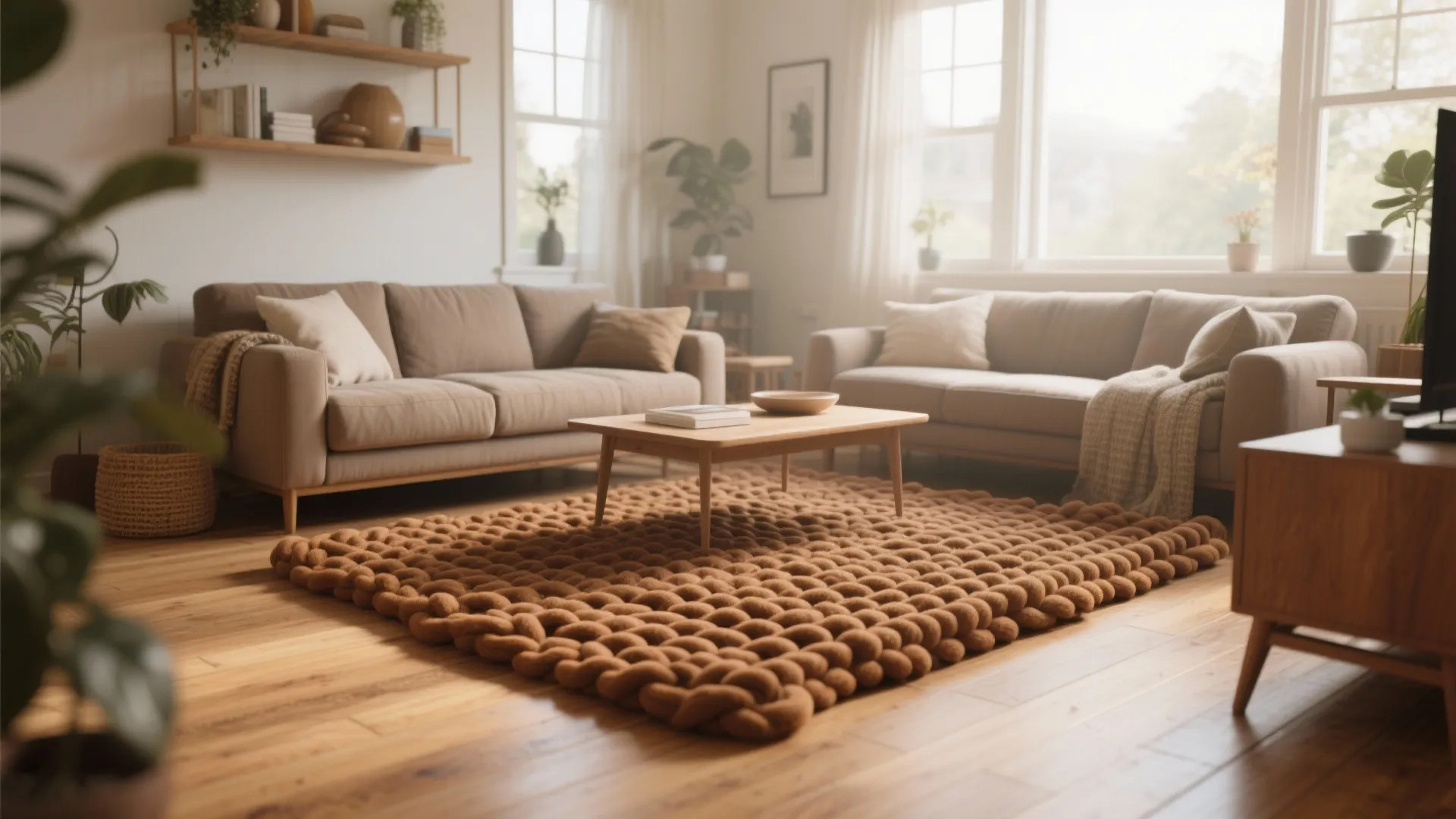 Modern living room with brown textured rug wooden floor two beige sofas and natural light