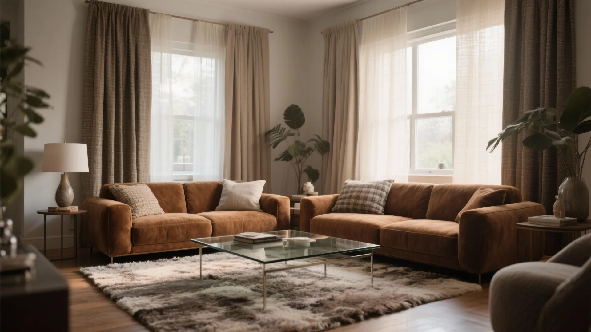 Cozy living room featuring two brown sofas glass coffee table fluffy rug and soft window curtains