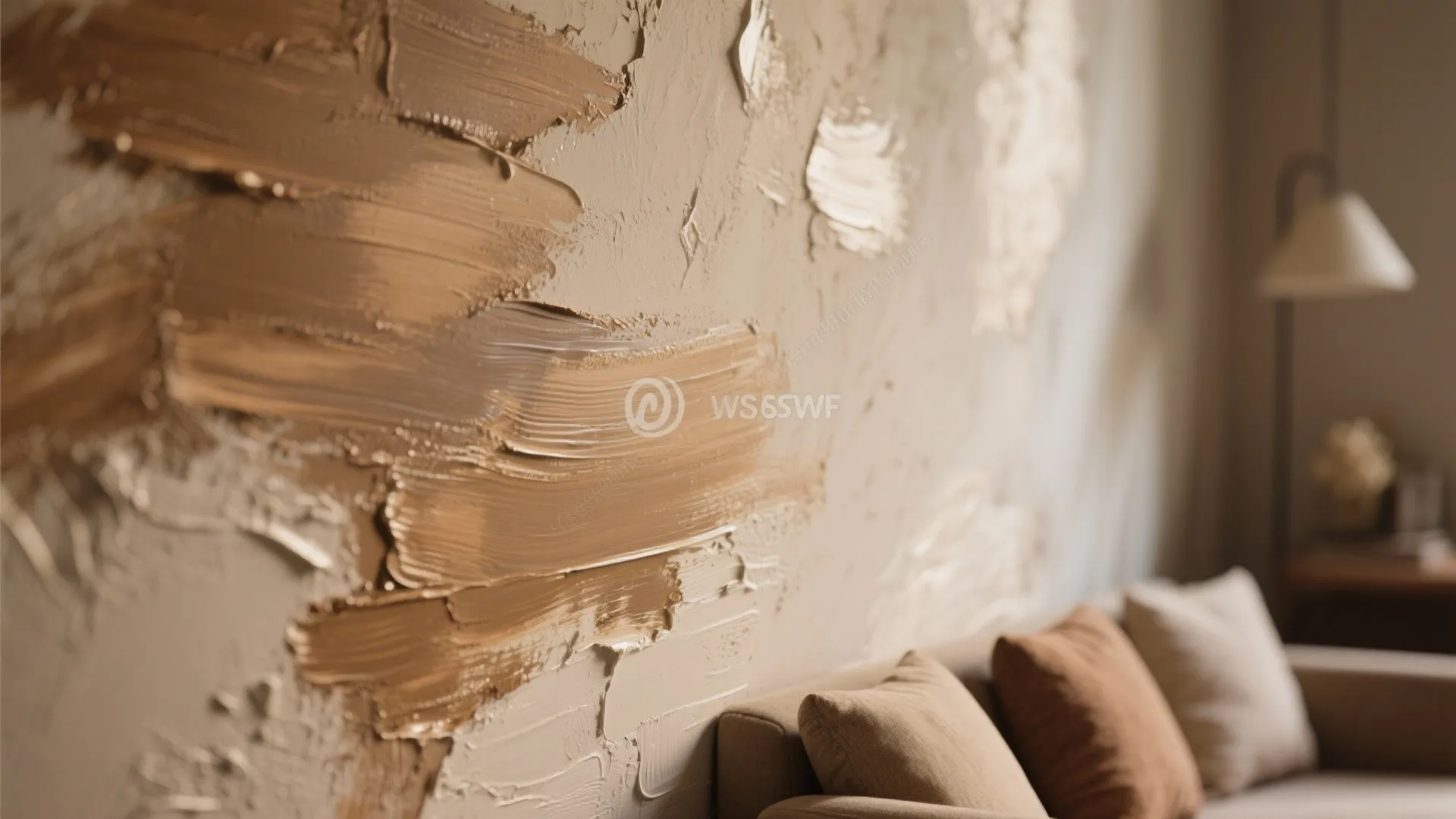 Textured wall with brown brush strokes behind a sofa with grey and brown soft cushions