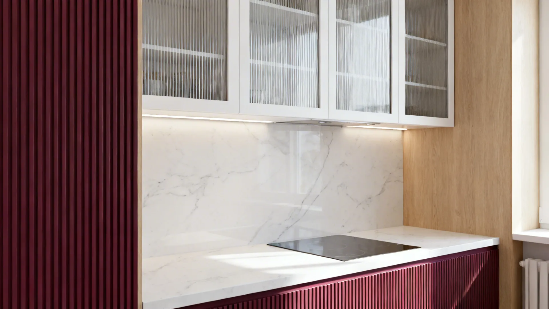 Small kitchen with ribbed burgundy panels, reeded glass uppers, and white marble-look quartz.