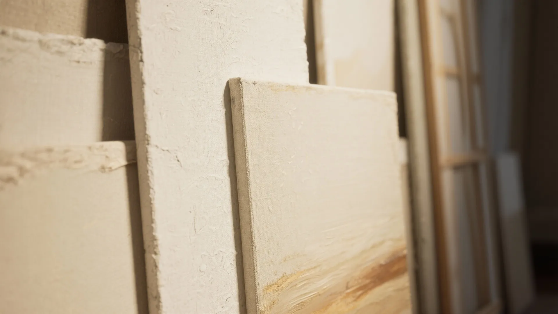 Close up view of several textured white and beige art canvases leaning against a studio wall