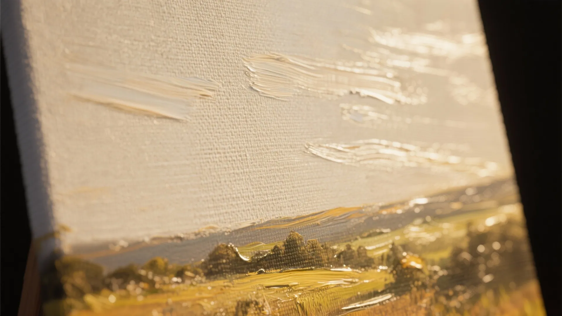 Close up view of textured oil painting on canvas showing yellow fields and white clouds