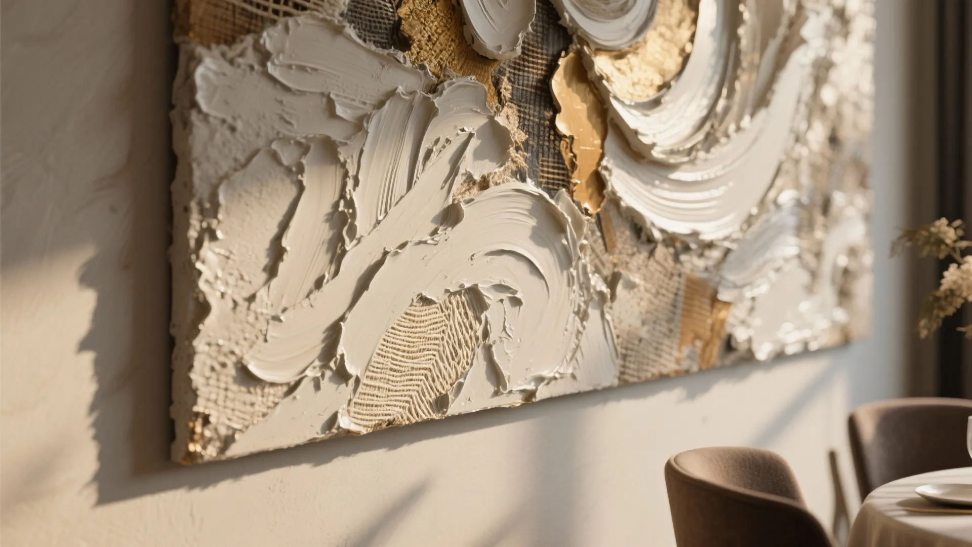 Macro detail of a textured sculptural canvas showing impasto strokes and mixed-media relief under warm light.