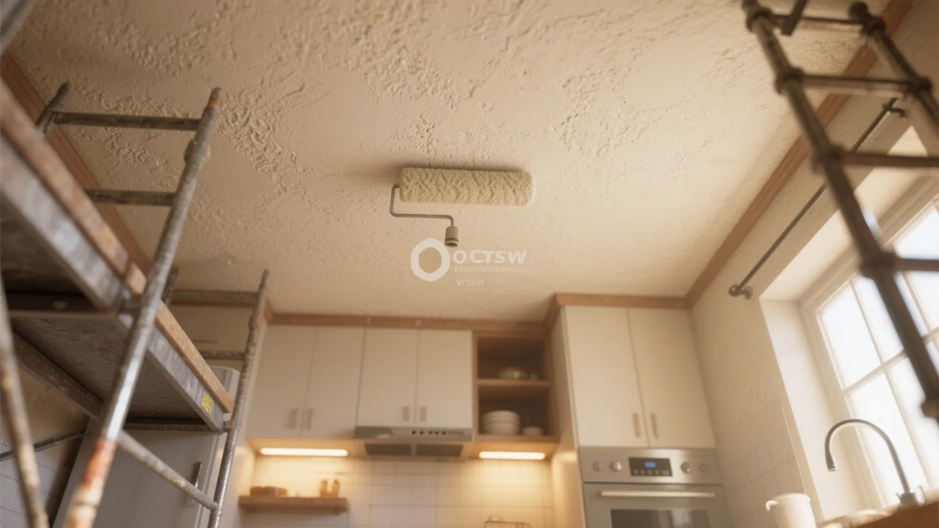 Paint roller applying white paint to a textured ceiling in a kitchen with white cabinets