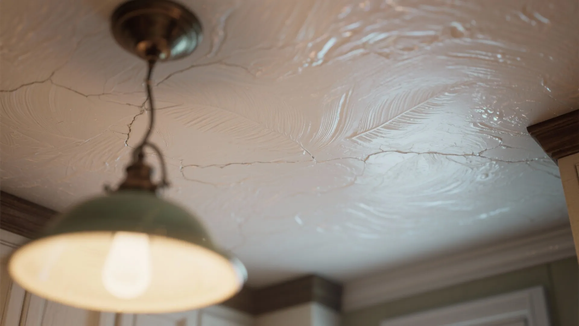 Macro view of a kitchen ceiling with a subtle glaze texture and pearl sheen under pendant light.