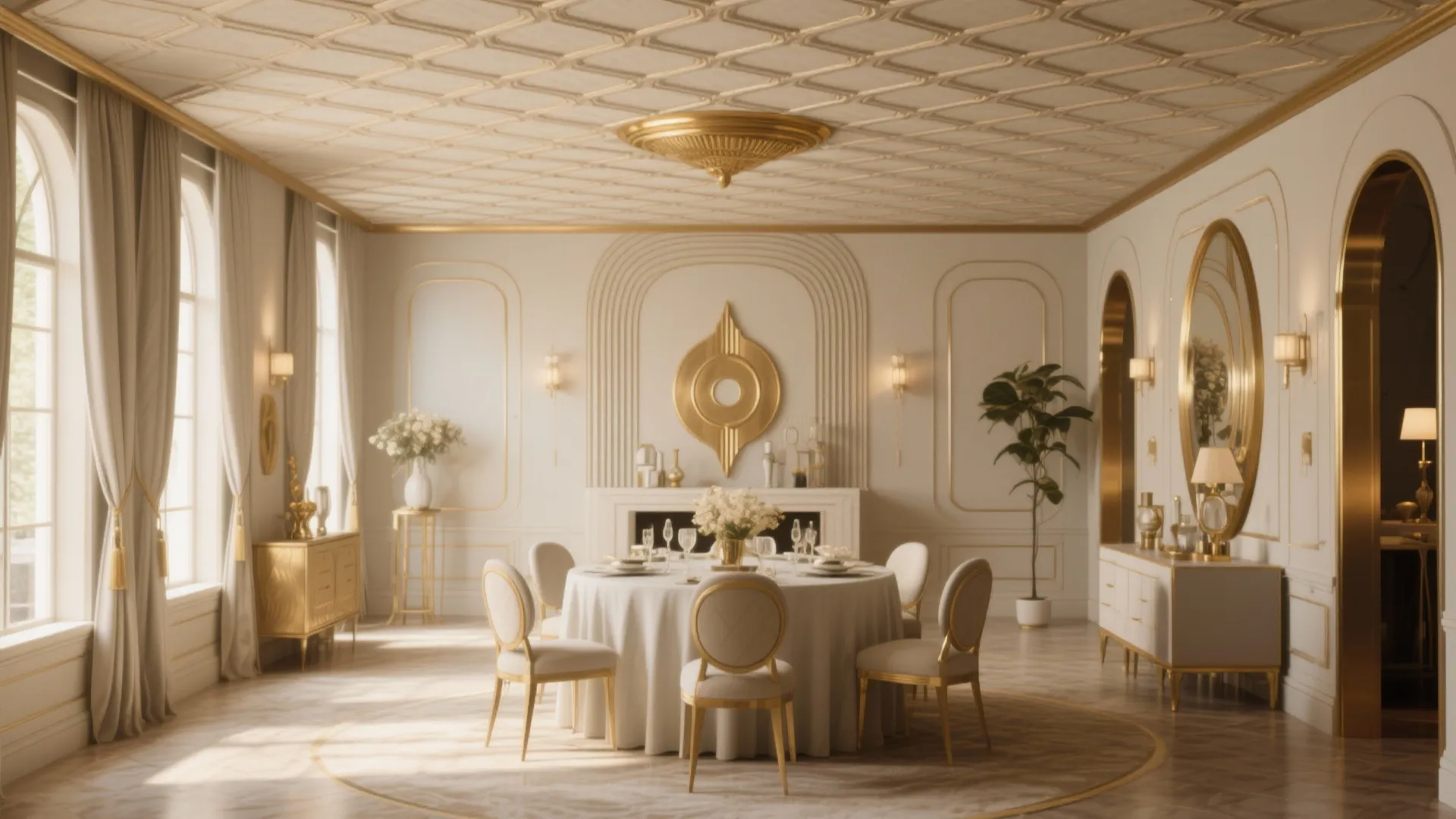 Elegant dining room featuring white walls with gold trim textured ceiling and round dining table