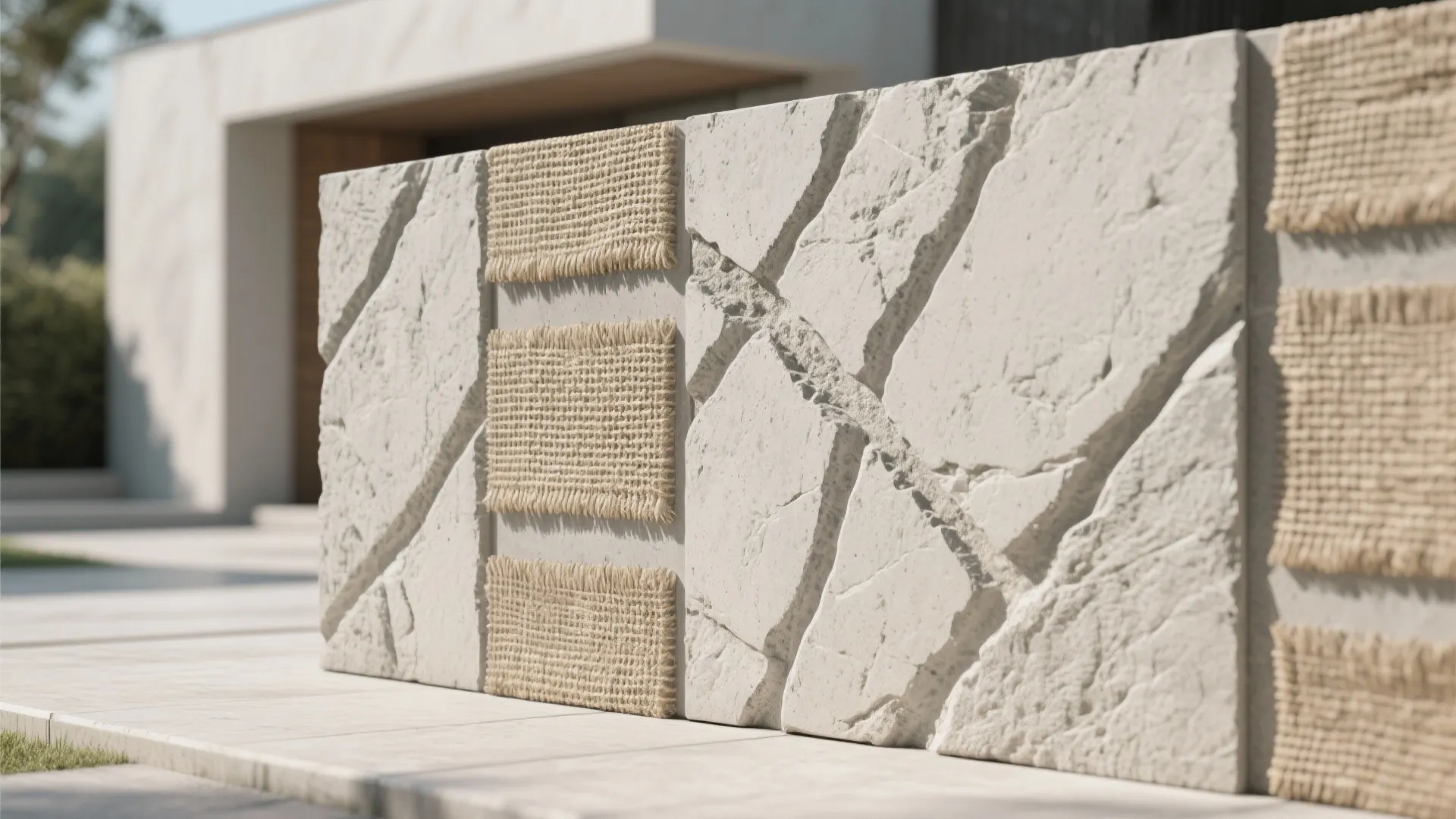 Modern concrete garden wall with diagonal carved lines and square woven fabric decorative panel inserts