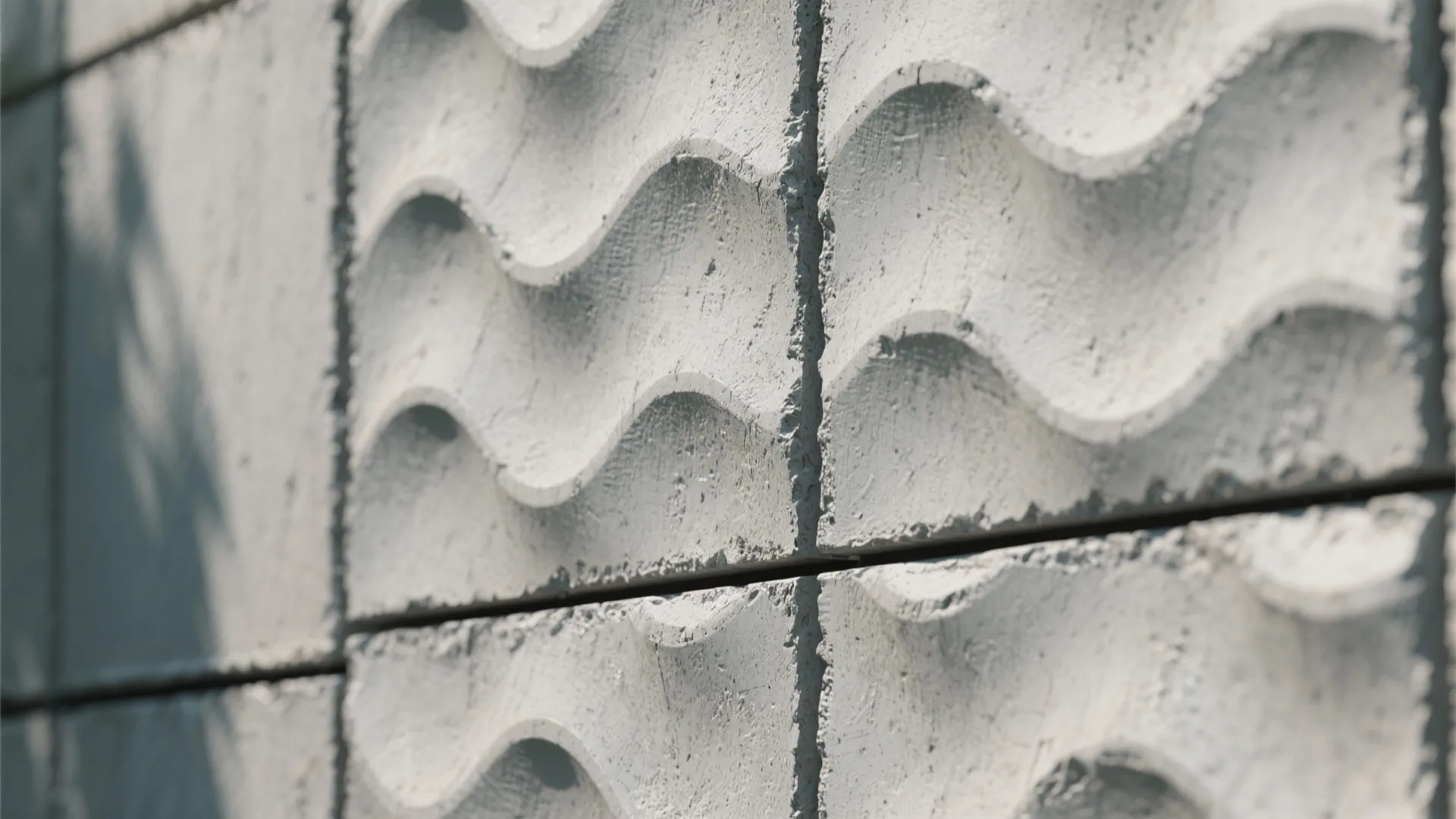 Close up of white wall panel with wave pattern and textured surface in natural sunlight