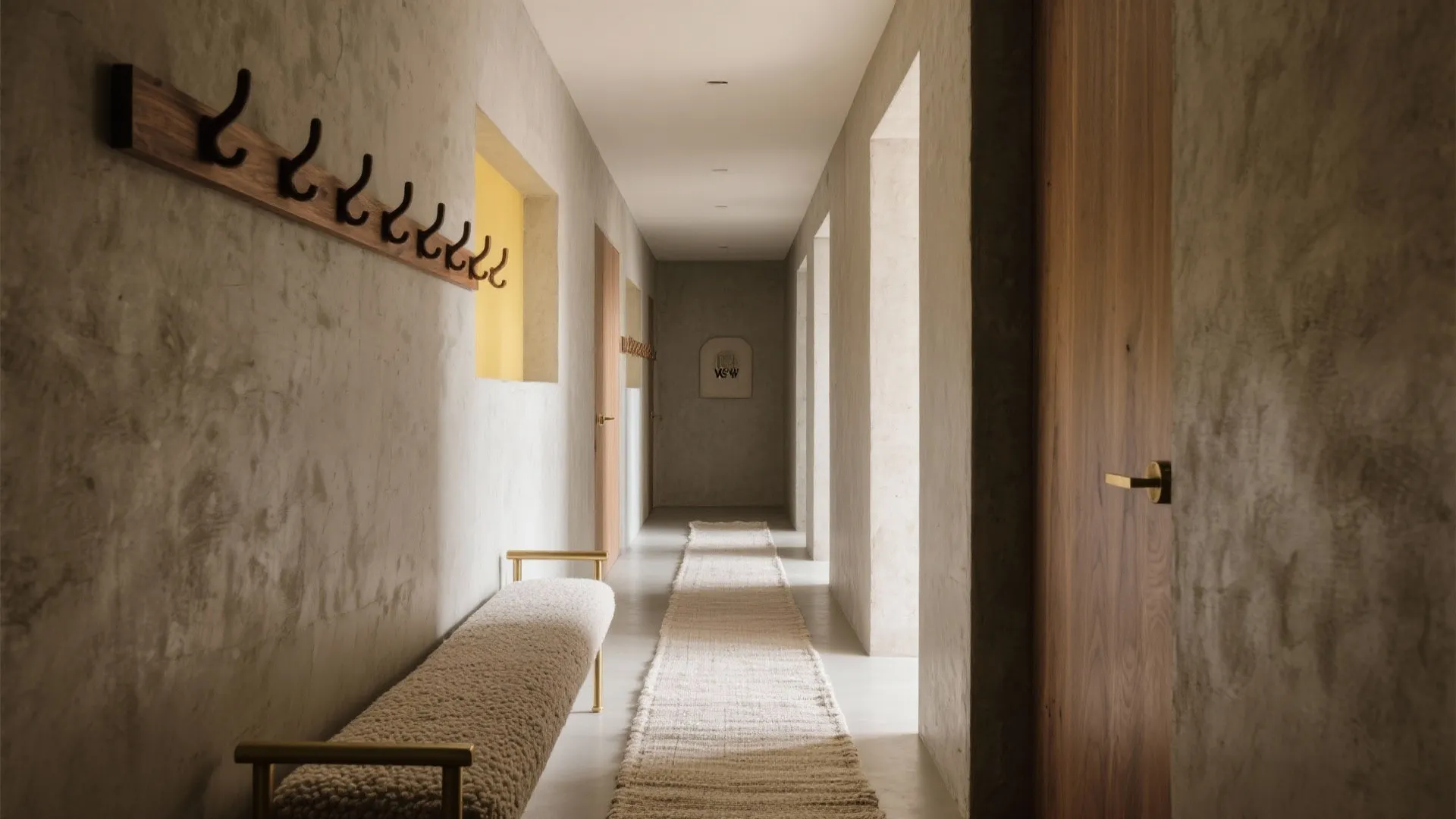 Long hallway with grey textured walls wooden doors long floor rug and soft natural lighting