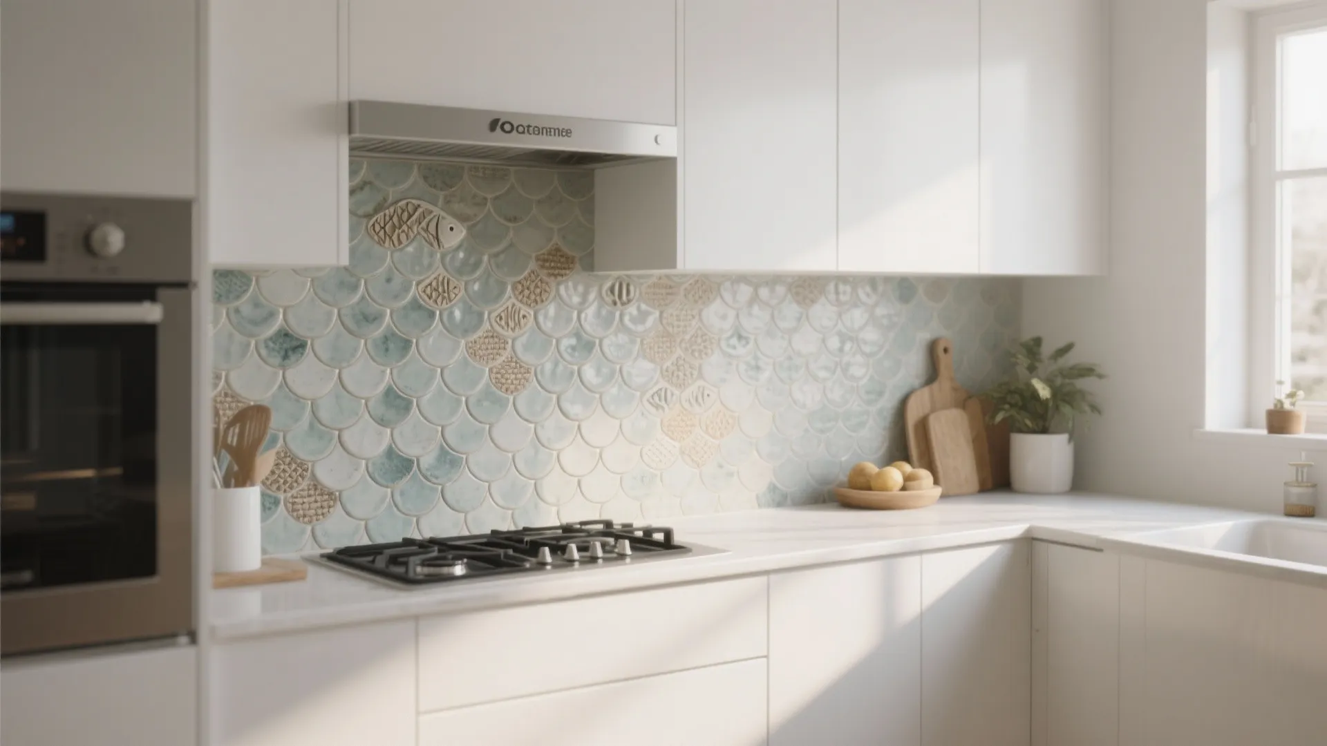 White kitchen with fish-scale ceramic tile splashback