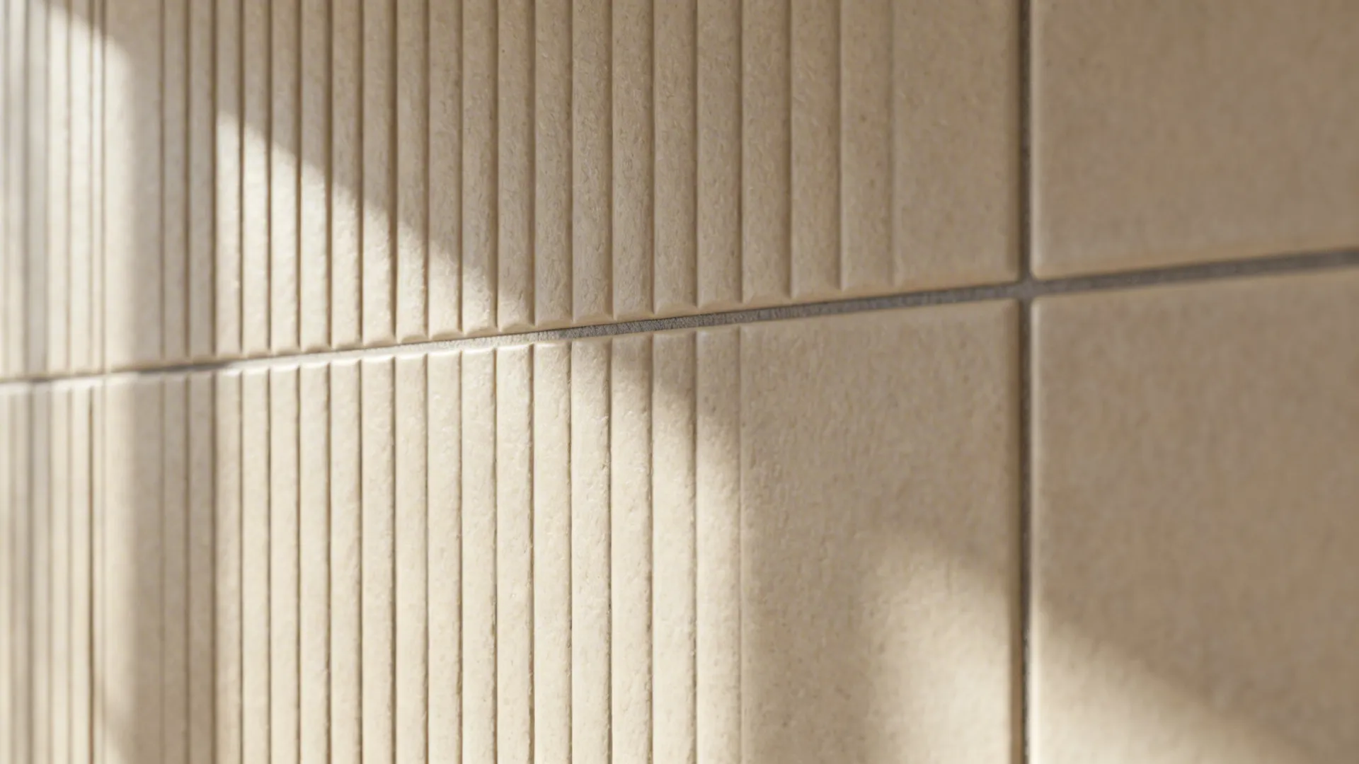 Macro view of vertically grooved matte ceramic tiles showing texture and narrow grout lines