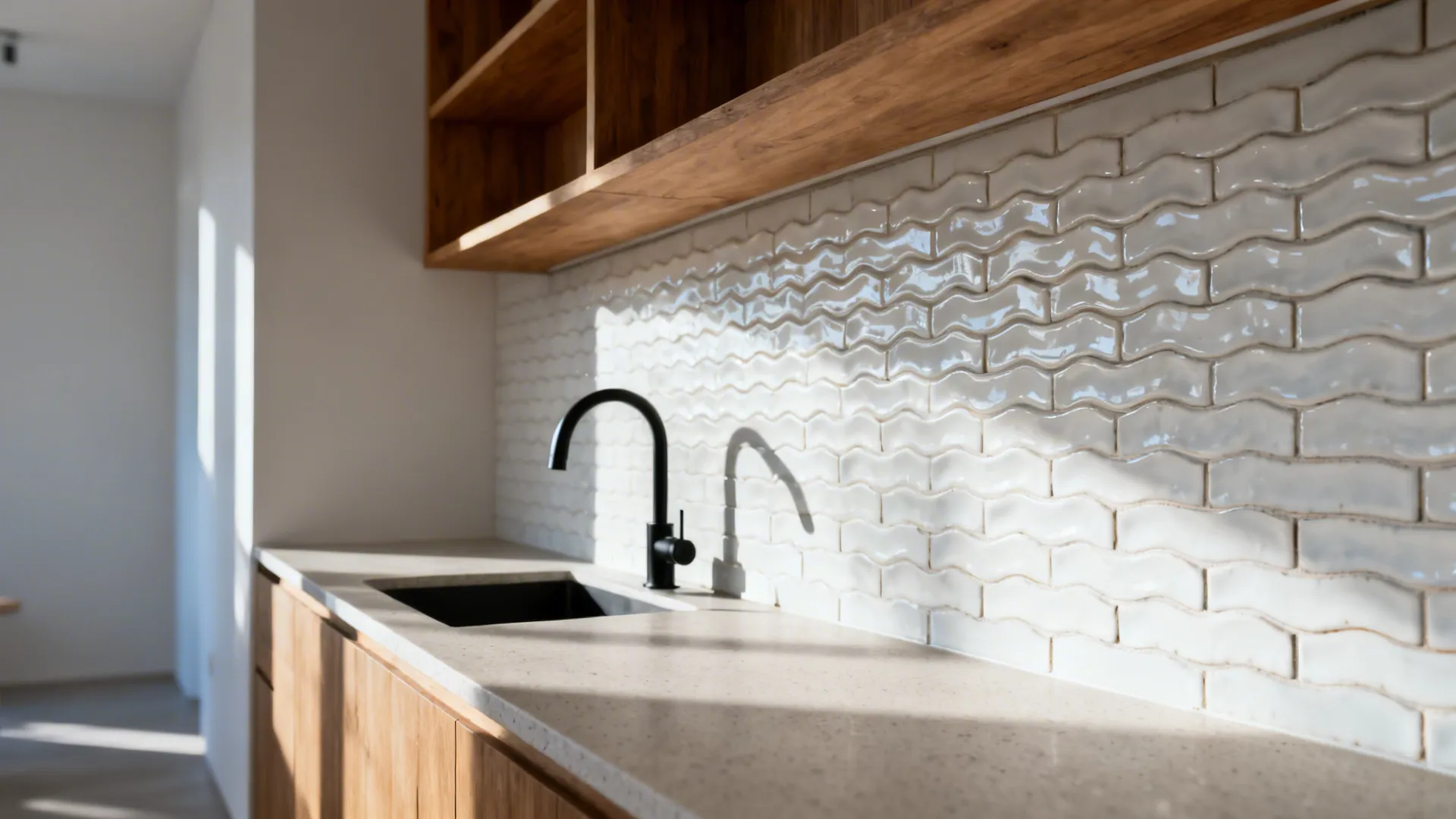Stacked wavy white ceramic backsplash catching soft morning light in a small kitchen
