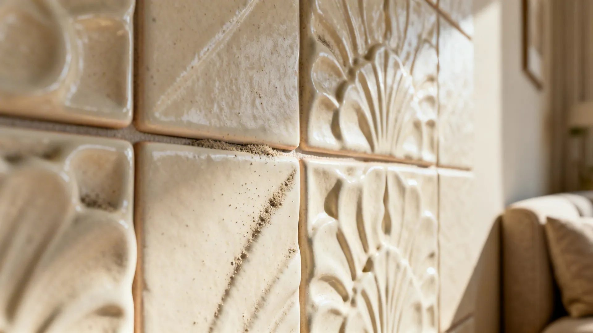 Close-up of cream textured ceramic wall tiles showing relief and shadow