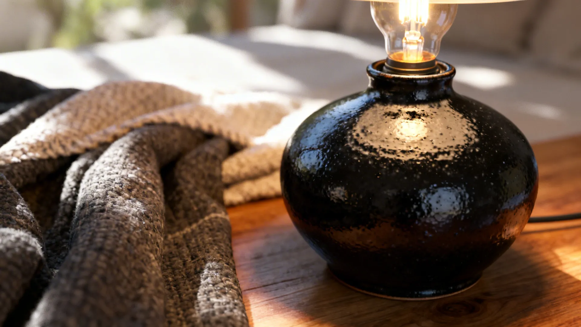 Textured black ceramic lamp base glowing with warm light near textiles