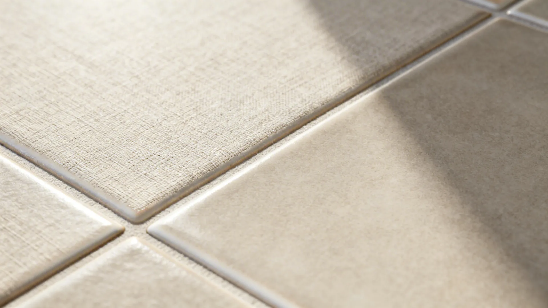 Macro of pale ceramic tile with subtle linen texture and clean grout joint.