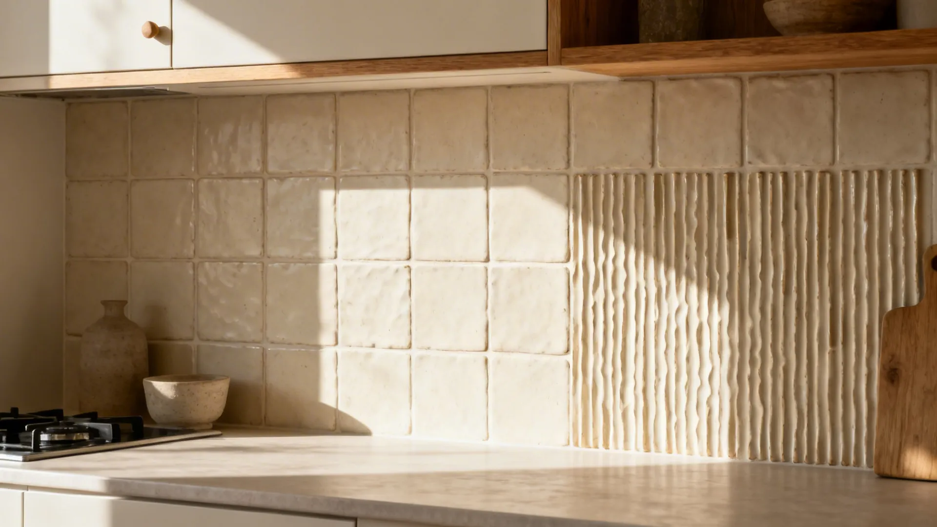 Small kitchen with creamy textured ceramic backsplash tiles catching soft side light.