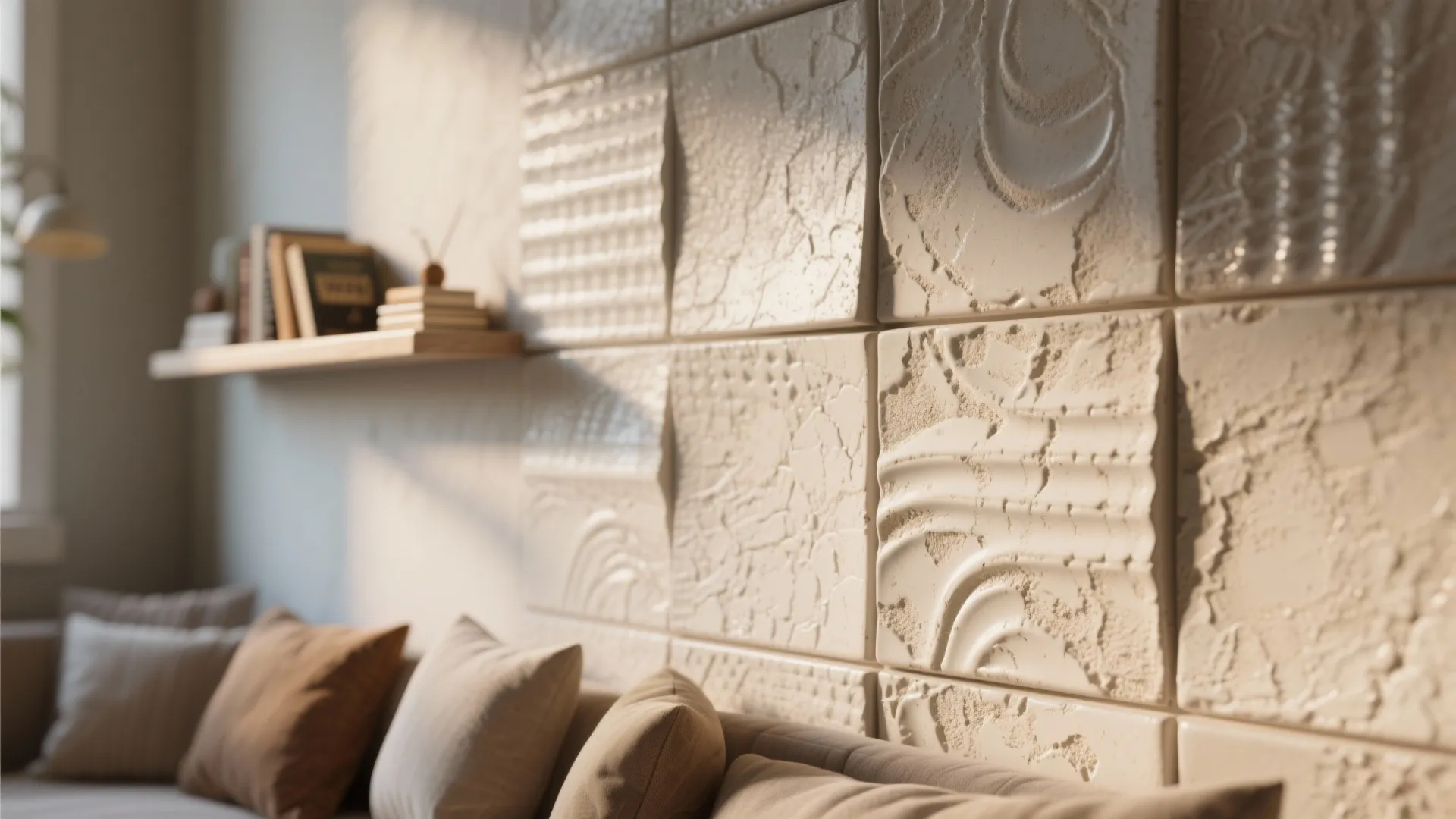 Close-up of textured 3D ceramic wall panels behind a floating shelf, showing depth and tactile detail.
