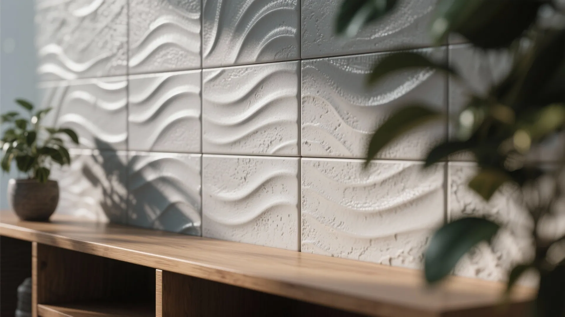 Close up of white textured wall panels with wave patterns behind a wooden storage cabinet