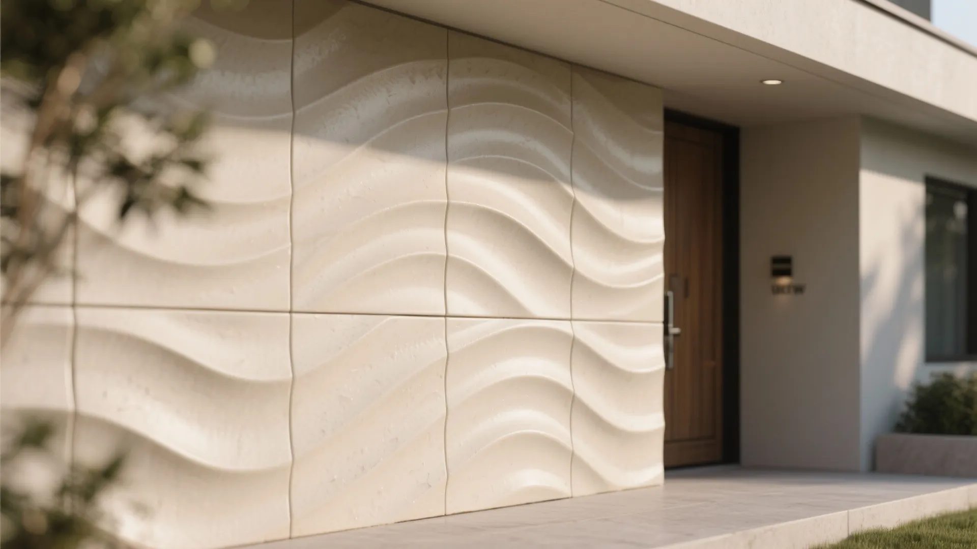 Textured ceramic wall panels with wave pattern and light shadows