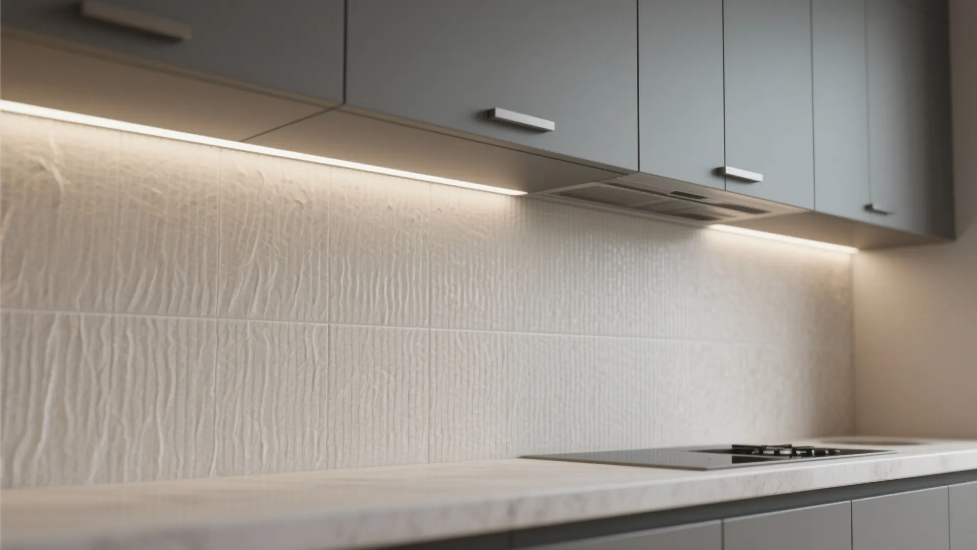 Close view of grey kitchen cabinets with light strip under them and textured beige wall tiles