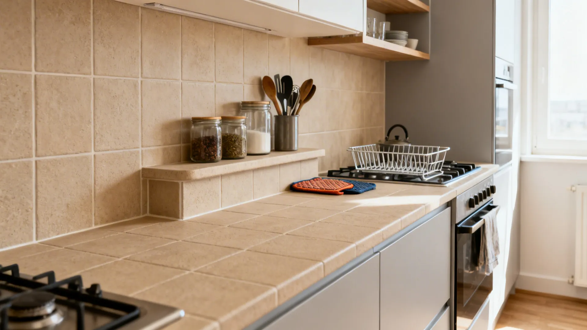 Matte textured ceramic tile countertop with a small matching upstand and utensil ledge.