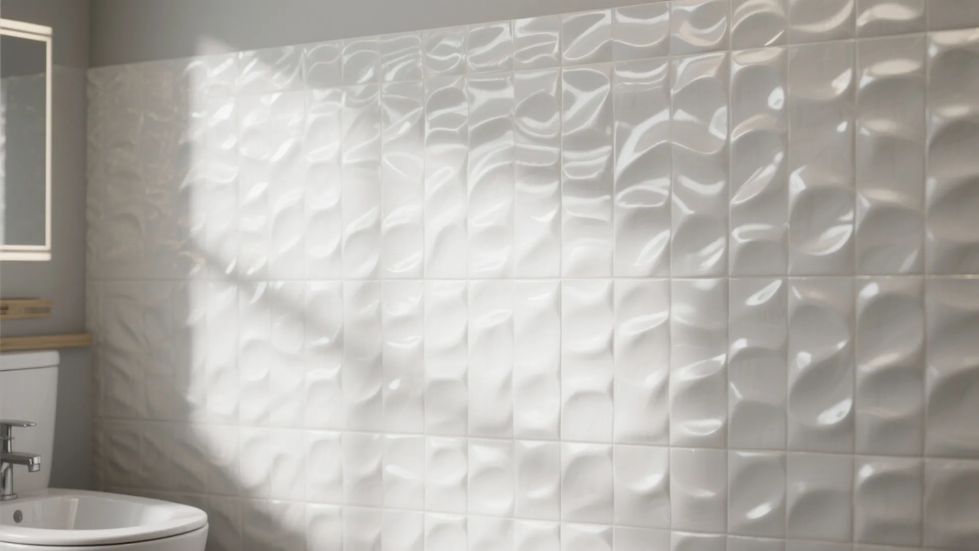 White wavy textured wall tiles in a bathroom with sunlight shadows from a nearby window