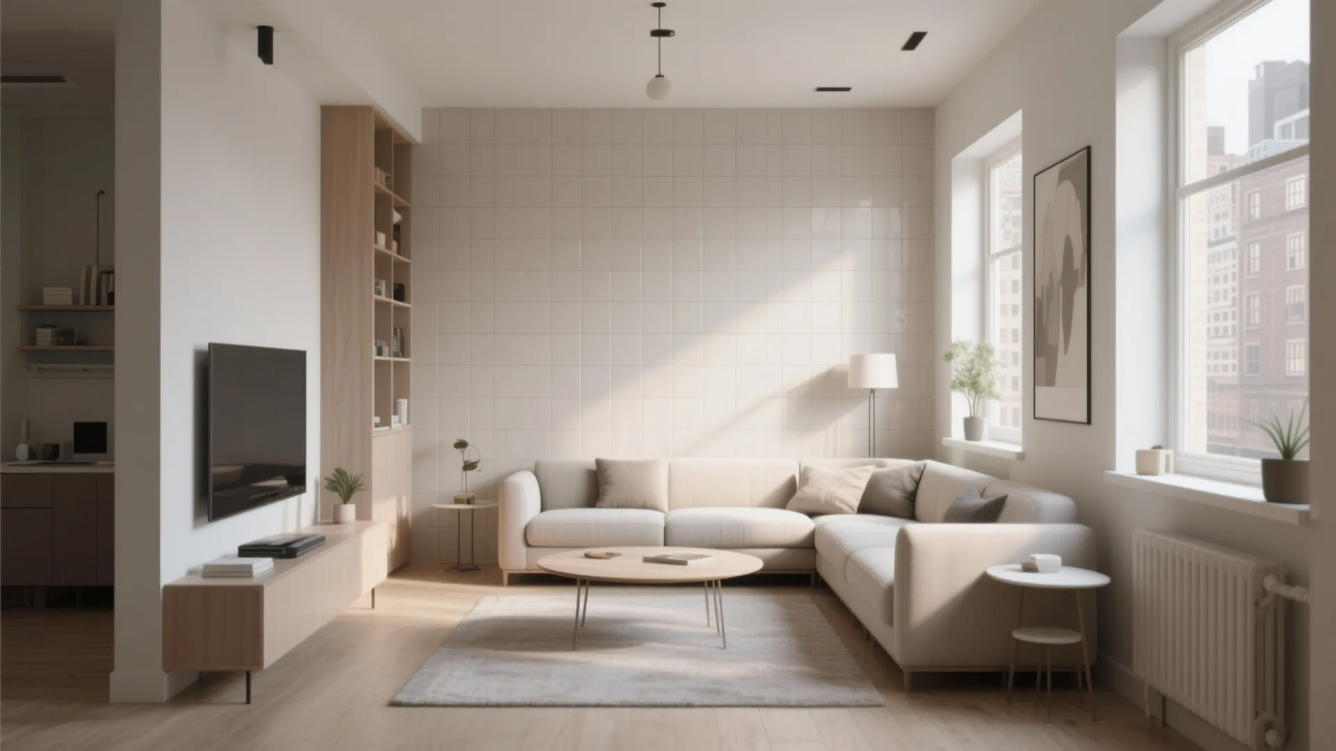 Bright living room with white tiled wall beige sectional sofa wooden cabinet and television screen